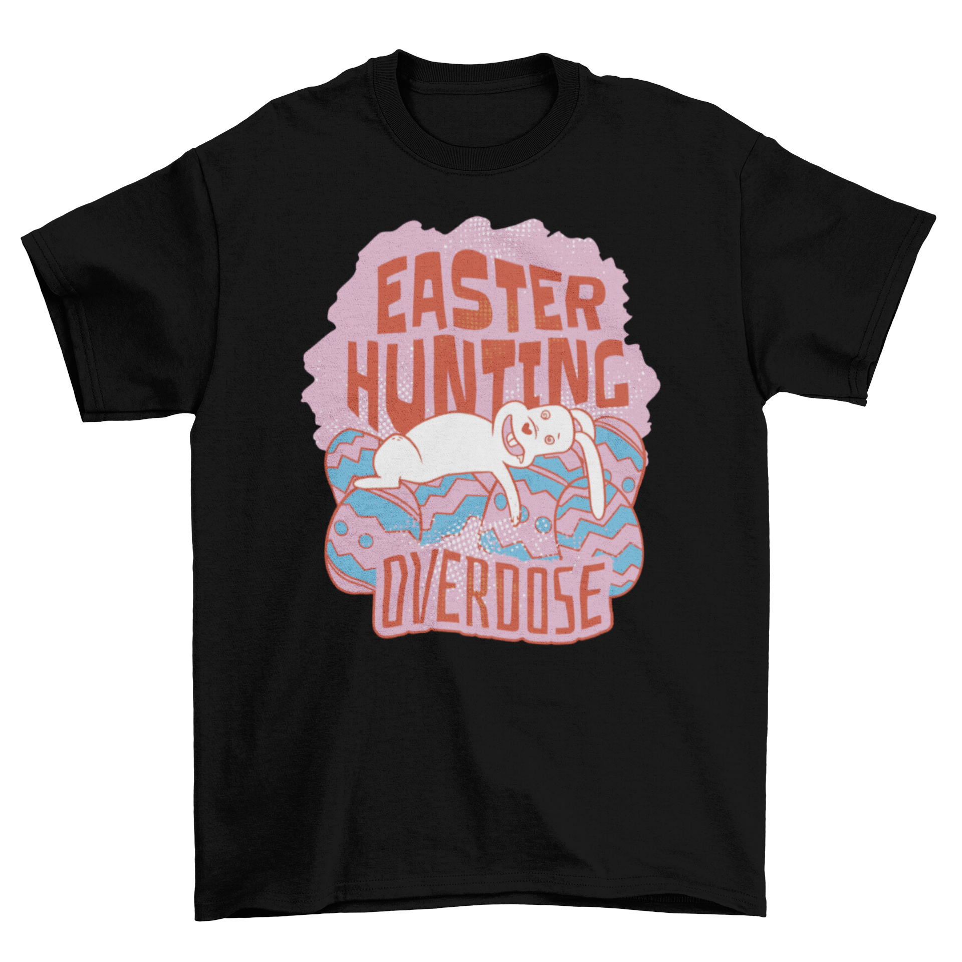 Funny Easter Bunny T-shirt featuring a passed-out bunny on Easter eggs with a humorous quote.