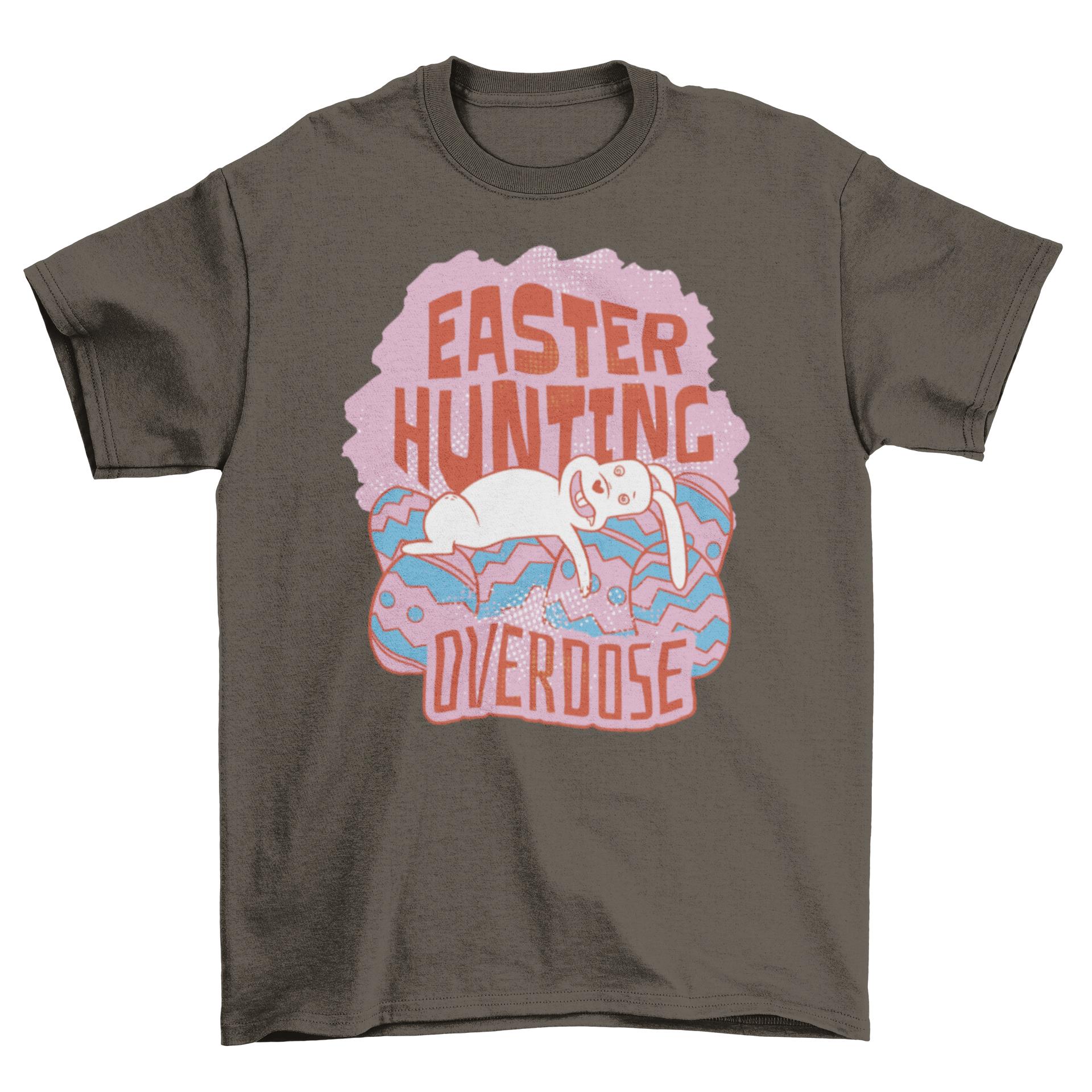 Funny Easter Bunny T-shirt featuring a passed-out bunny on Easter eggs with a humorous quote.