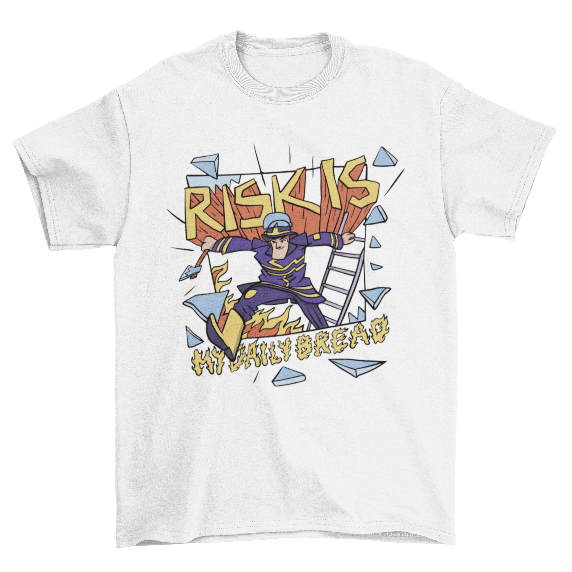 Funny firefighter t-shirt featuring a firefighter escaping from a window with the quote 'Risk is my daily bread'.