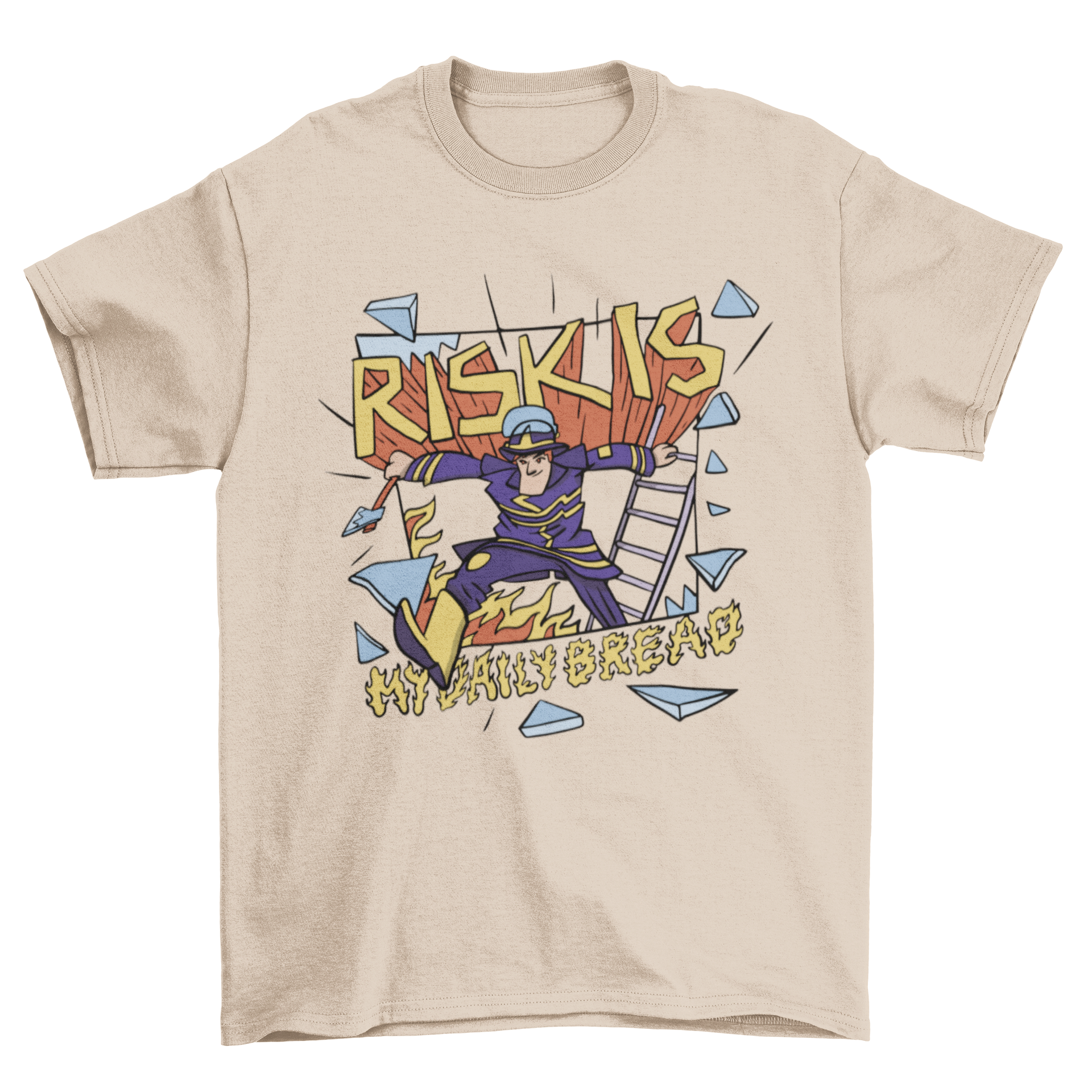 Funny firefighter t-shirt featuring a firefighter escaping from a window with the quote 'Risk is my daily bread'.