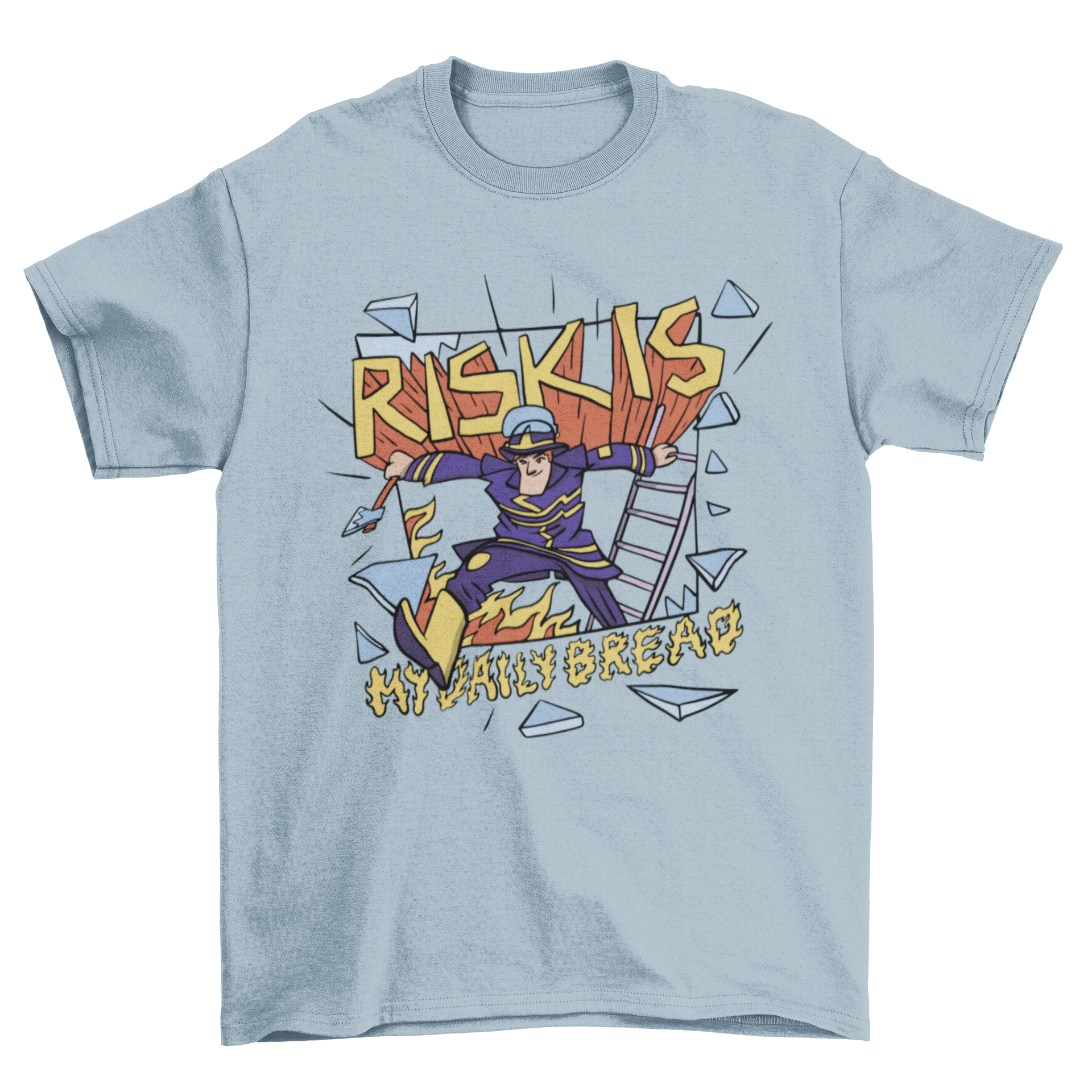 Funny firefighter t-shirt featuring a firefighter escaping from a window with the quote 'Risk is my daily bread'.