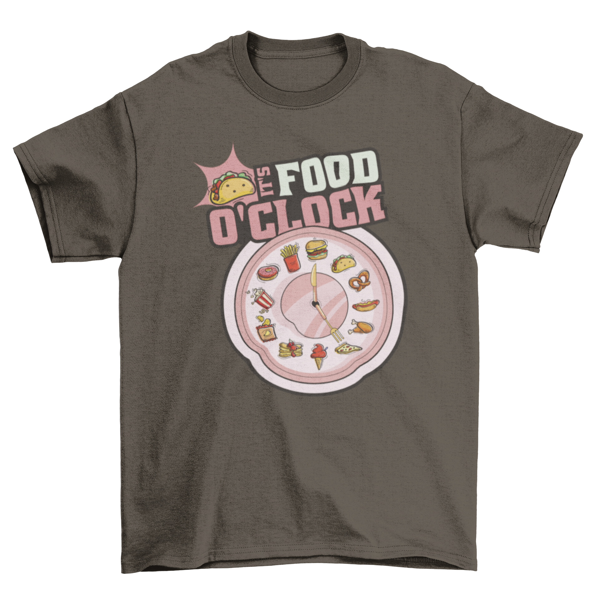 Funny Food O'clock t-shirt featuring a dish-shaped clock and humorous quote.