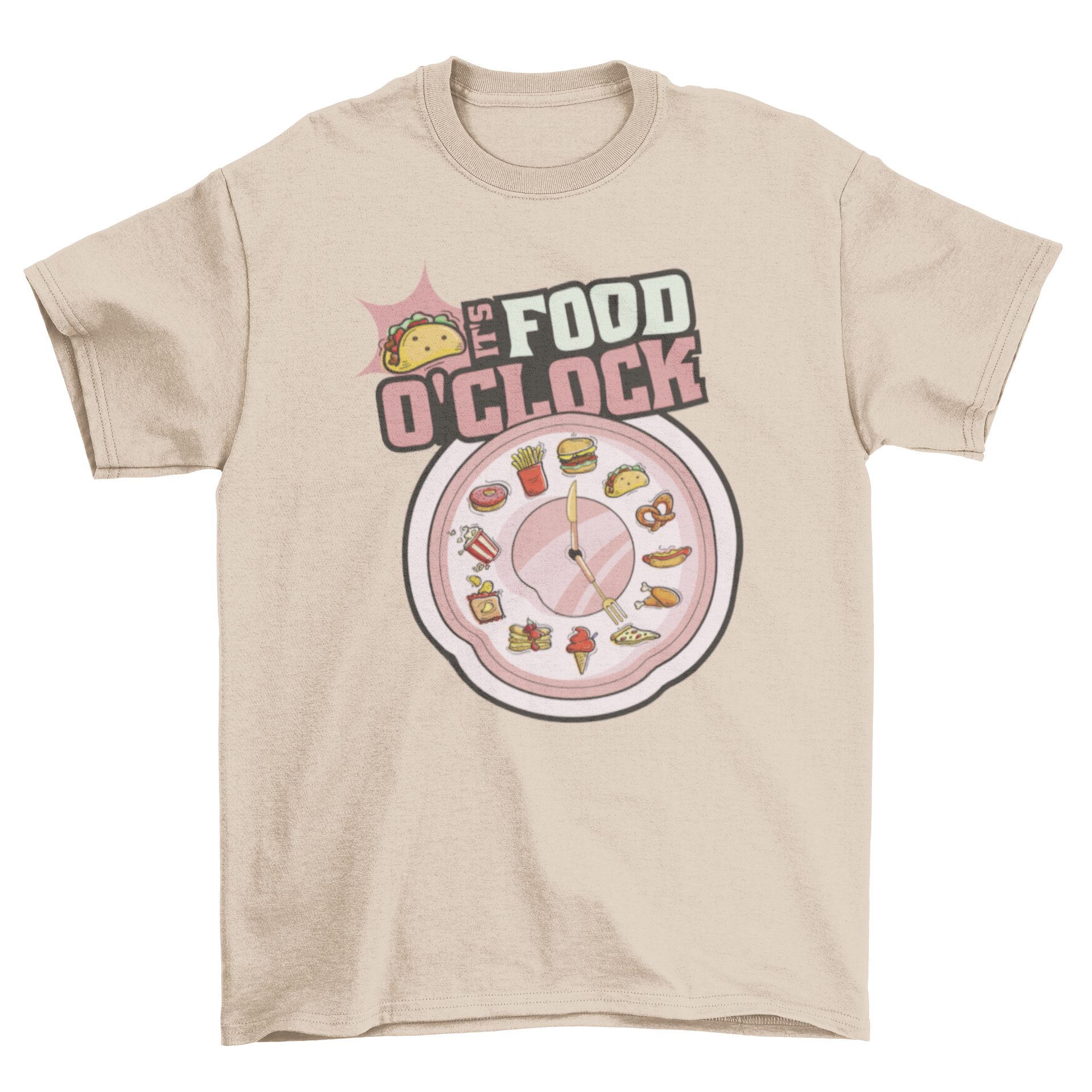 Funny Food O'clock t-shirt featuring a dish-shaped clock and humorous quote.