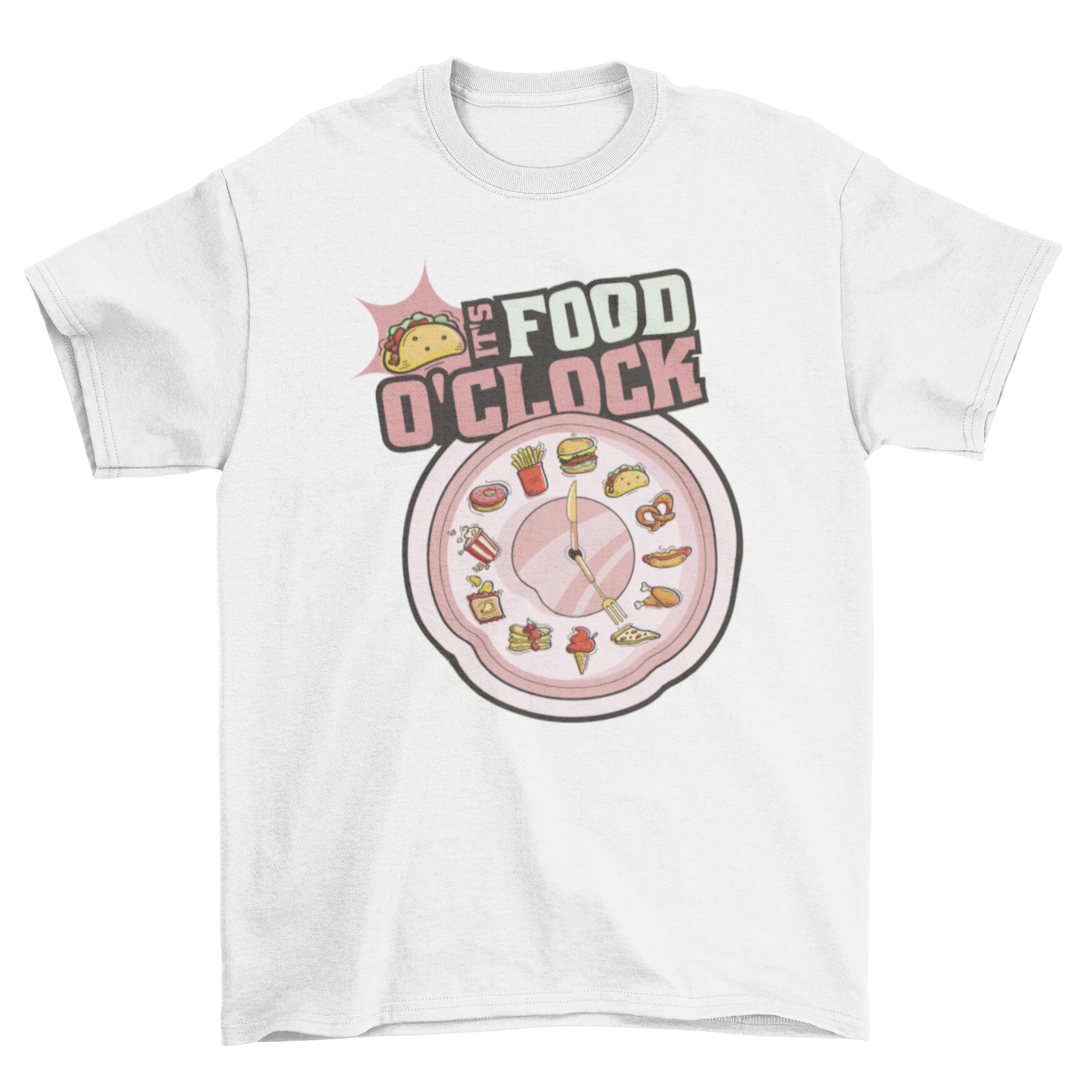 Funny Food O'clock t-shirt featuring a dish-shaped clock and humorous quote.