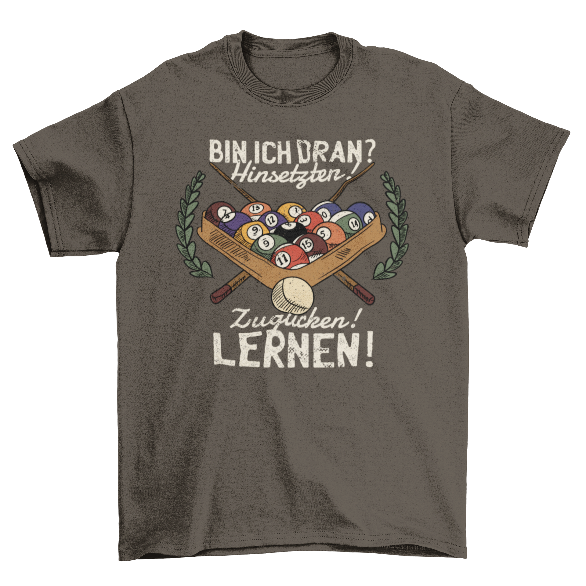 Funny German Billiard Quote T-shirt featuring humorous design and quote in German.