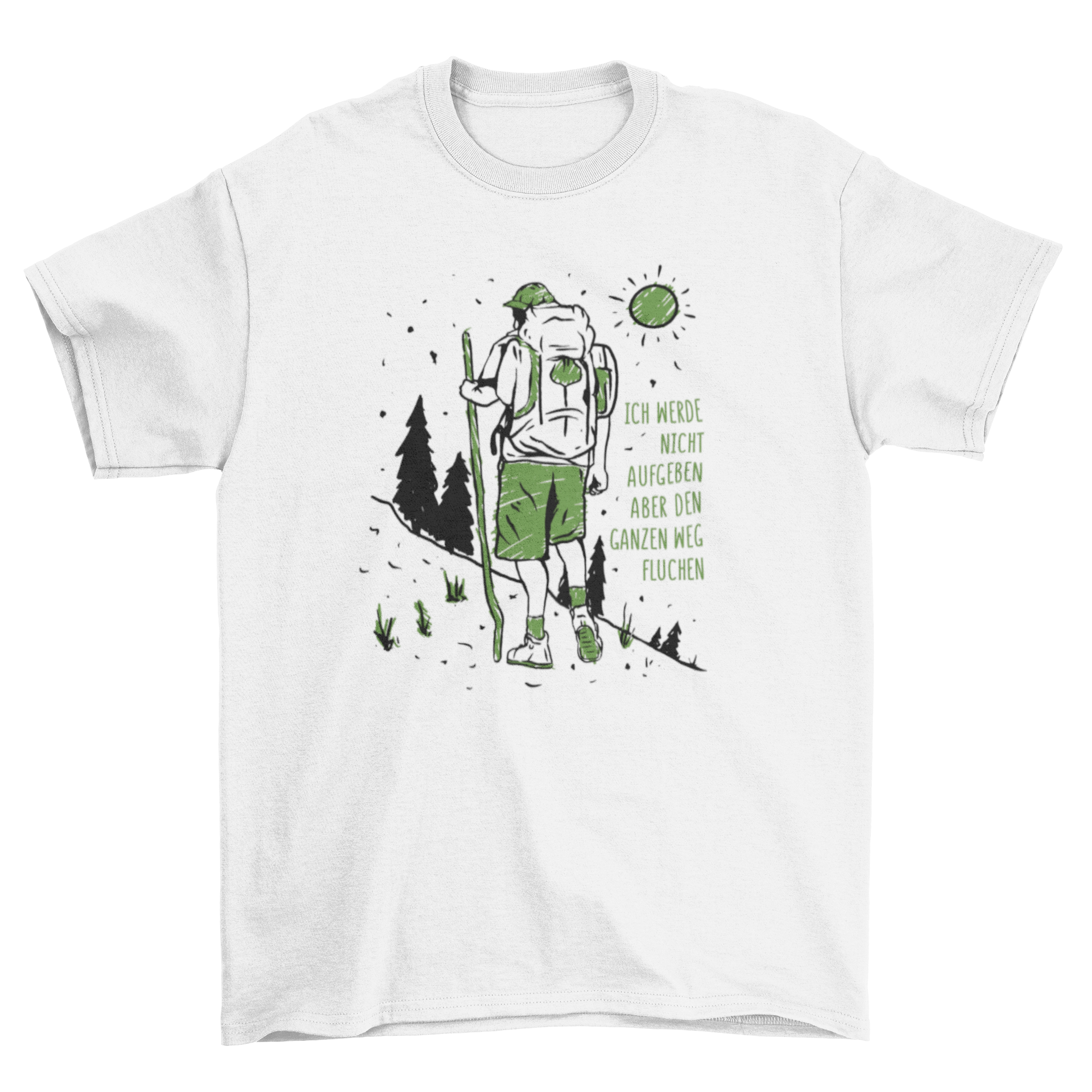 A humorous t-shirt featuring a man hiking with a German quote about perseverance and cursing.