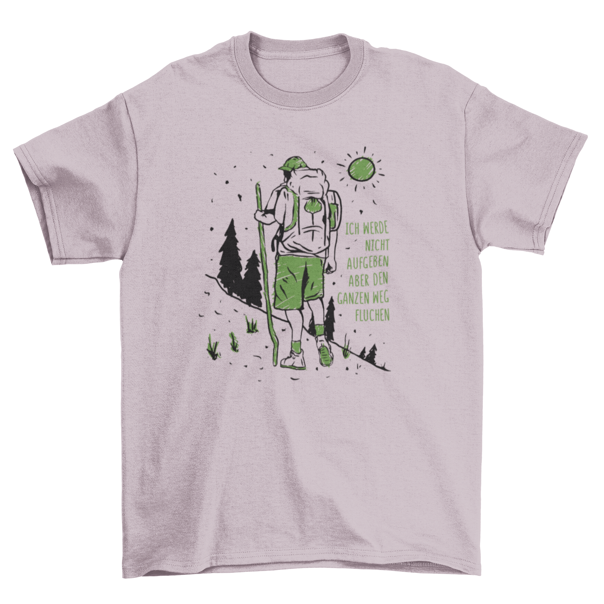 A humorous t-shirt featuring a man hiking with a German quote about perseverance and cursing.