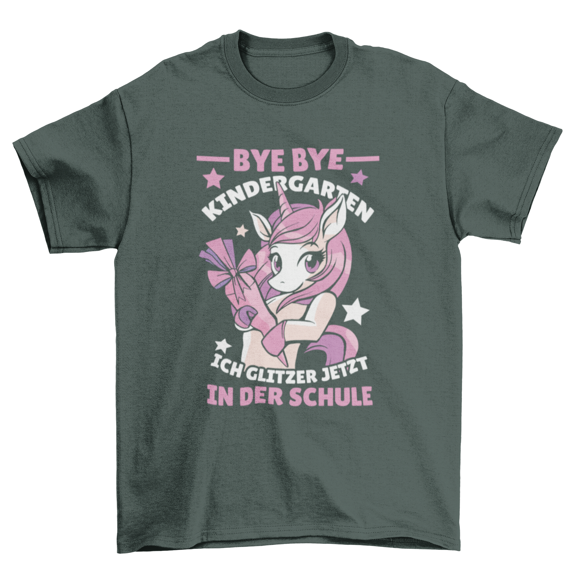 Funny German Unicorn T-shirt featuring a cute unicorn and a playful quote about school transition.