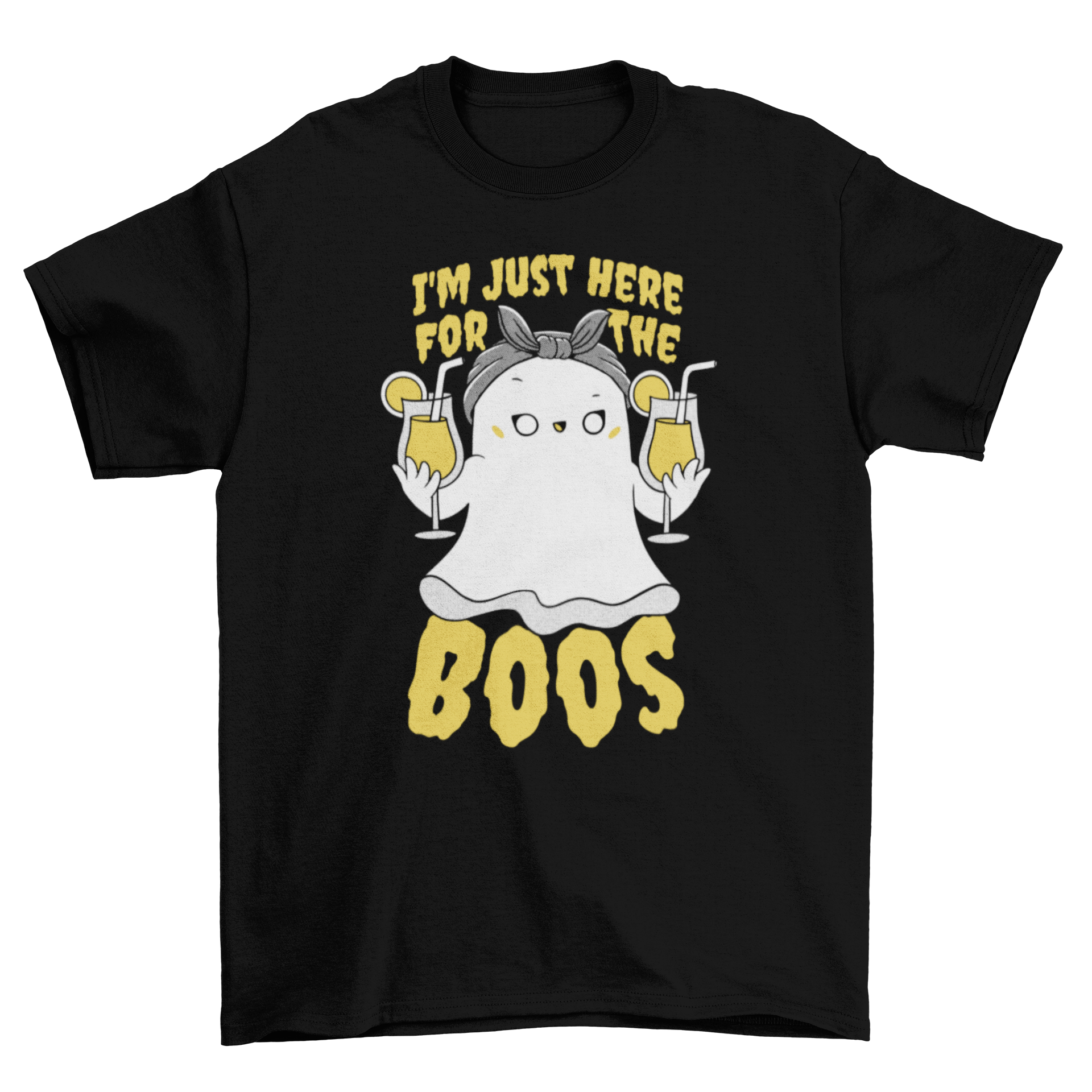 A funny ghost t-shirt featuring a friendly ghost holding drinks with the quote 'I'm just here for the boos'.