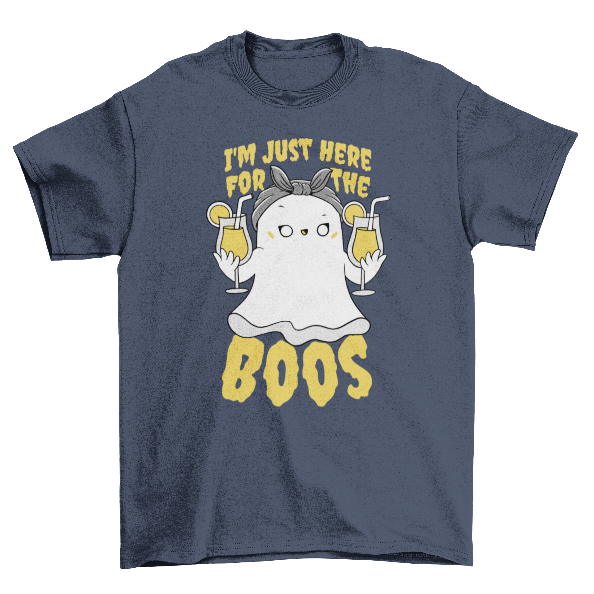 A funny ghost t-shirt featuring a friendly ghost holding drinks with the quote 'I'm just here for the boos'.