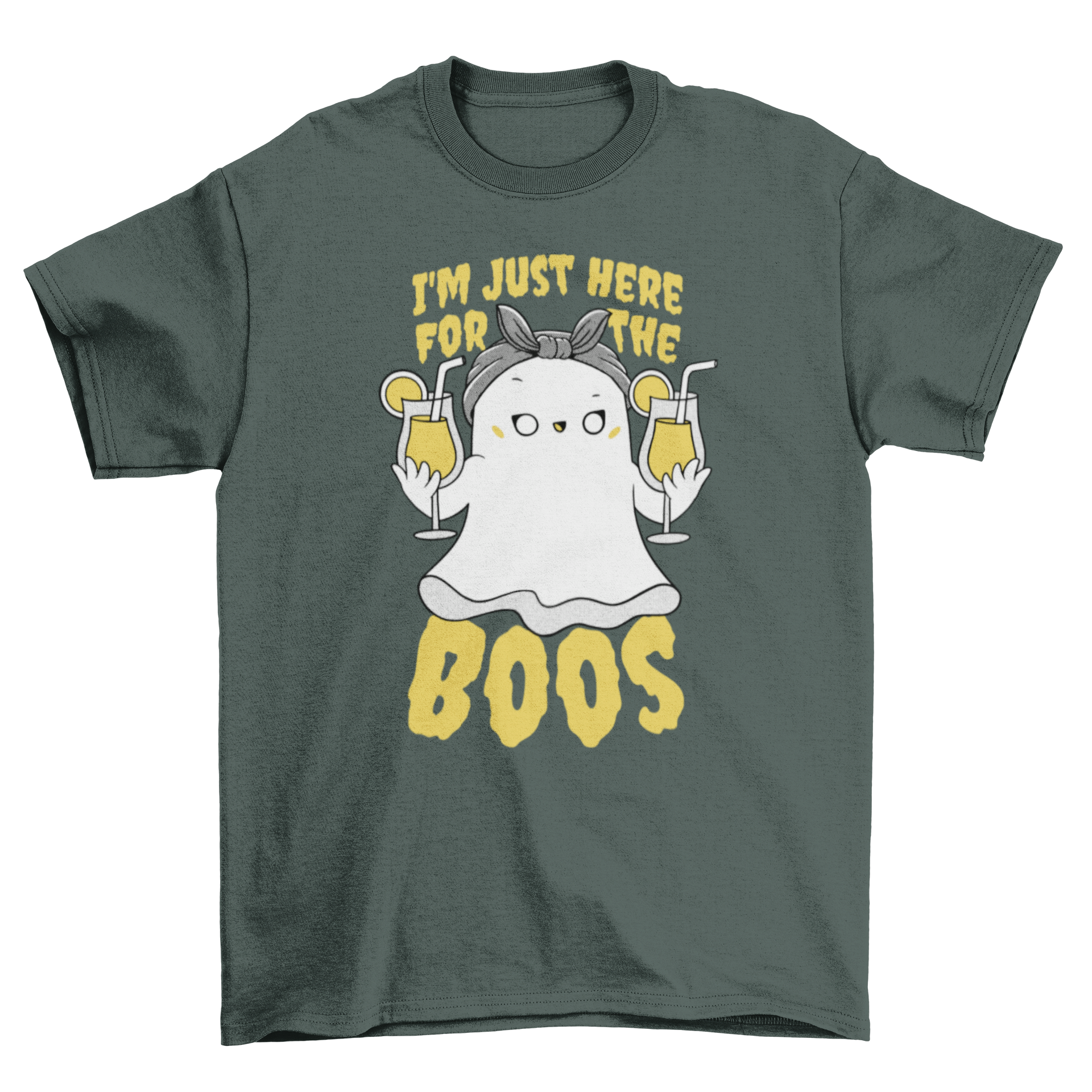 A funny ghost t-shirt featuring a friendly ghost holding drinks with the quote 'I'm just here for the boos'.