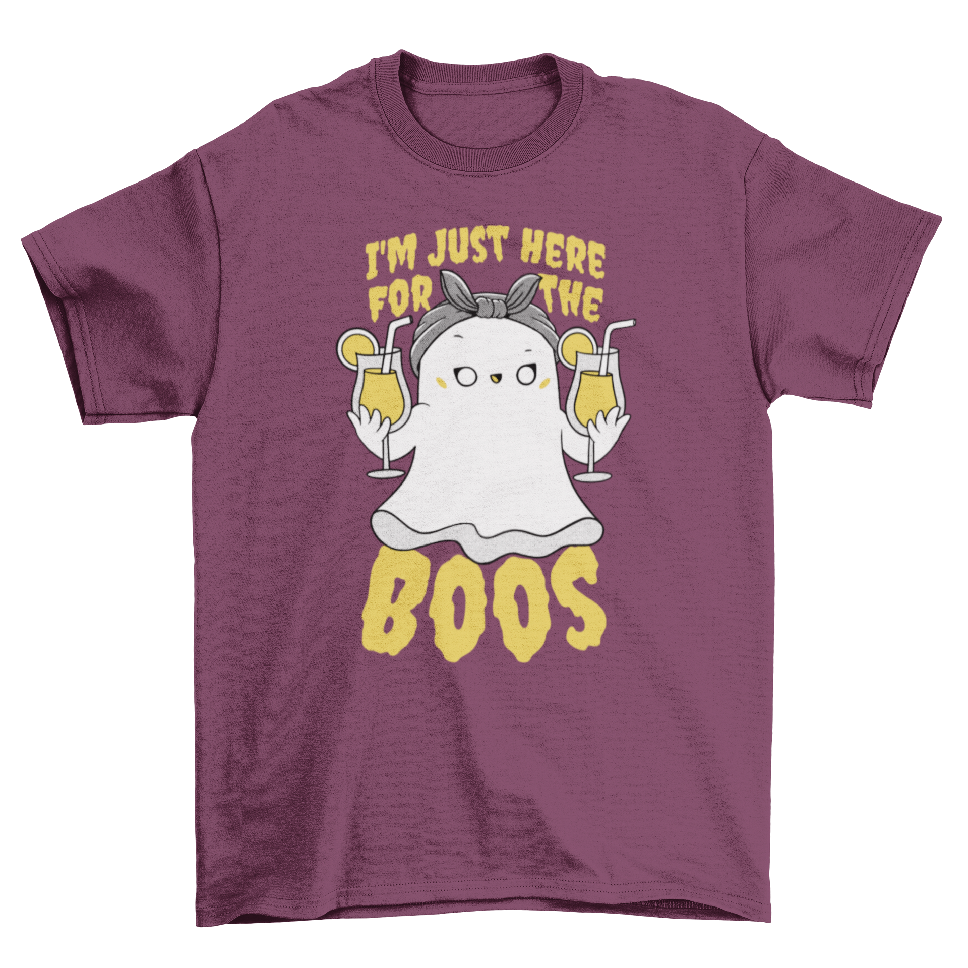 A funny ghost t-shirt featuring a friendly ghost holding drinks with the quote 'I'm just here for the boos'.