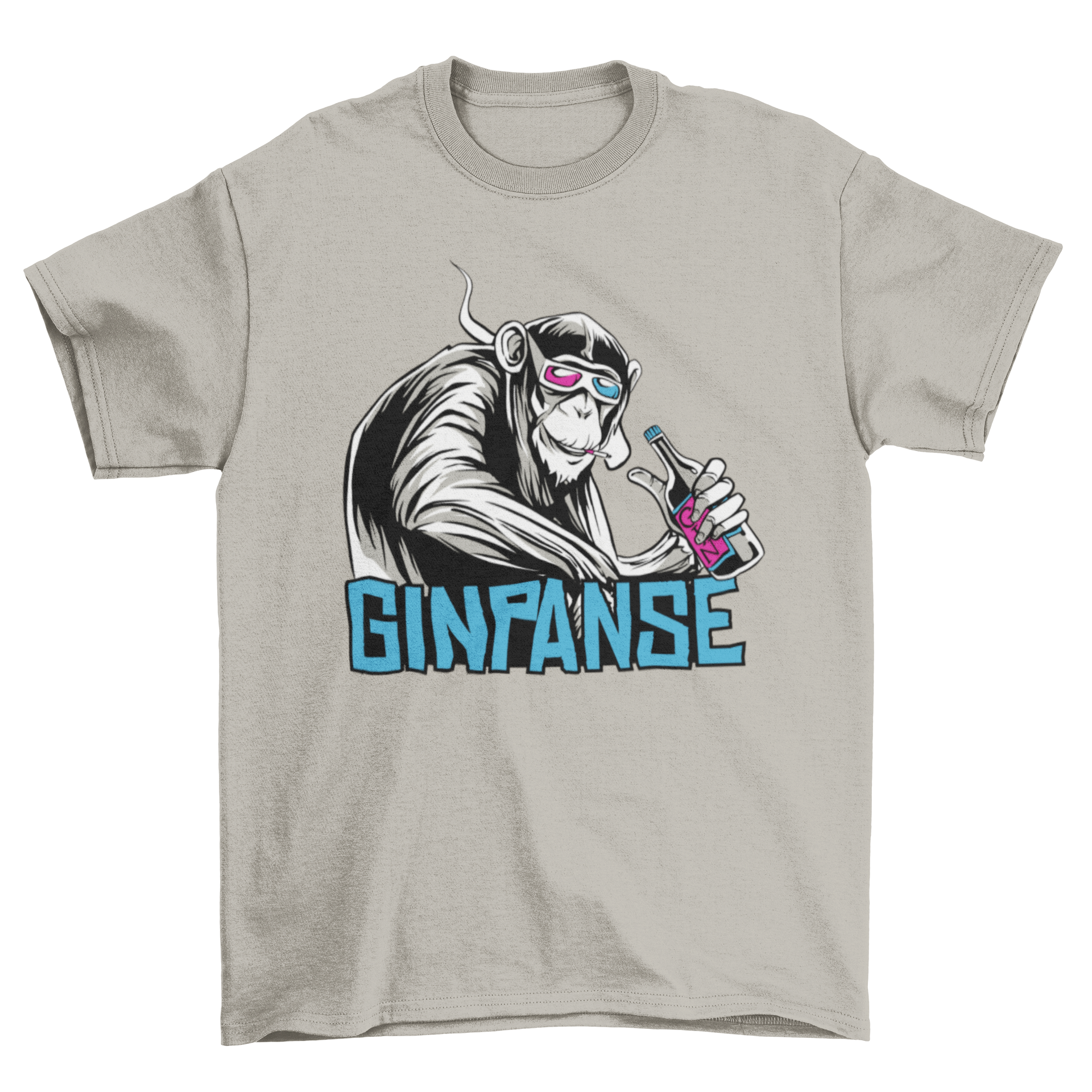 Funny t-shirt featuring a smirking chimpanzee smoking with the caption 'Ginpanse', showcasing a humorous design.