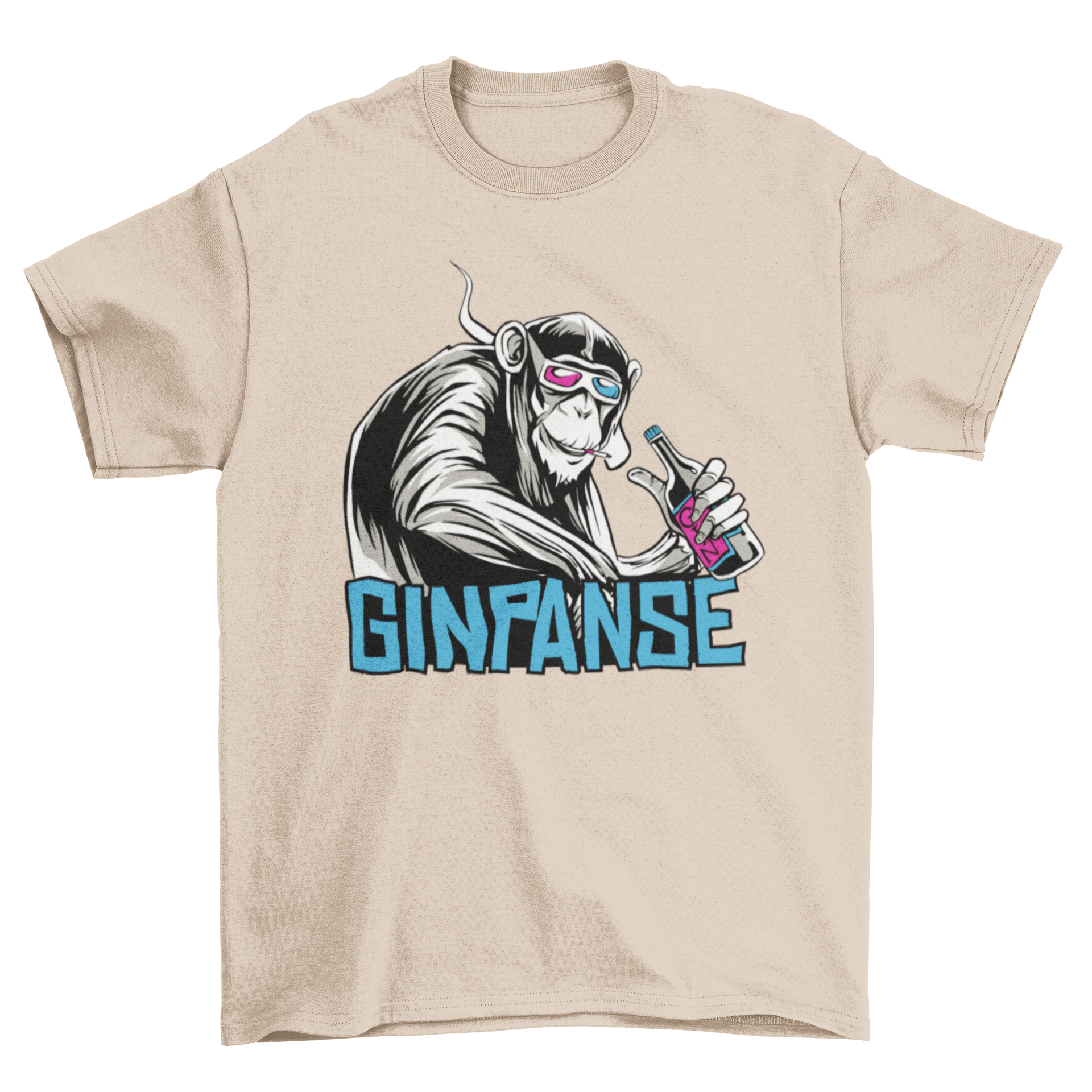 Funny t-shirt featuring a smirking chimpanzee smoking with the caption 'Ginpanse', showcasing a humorous design.