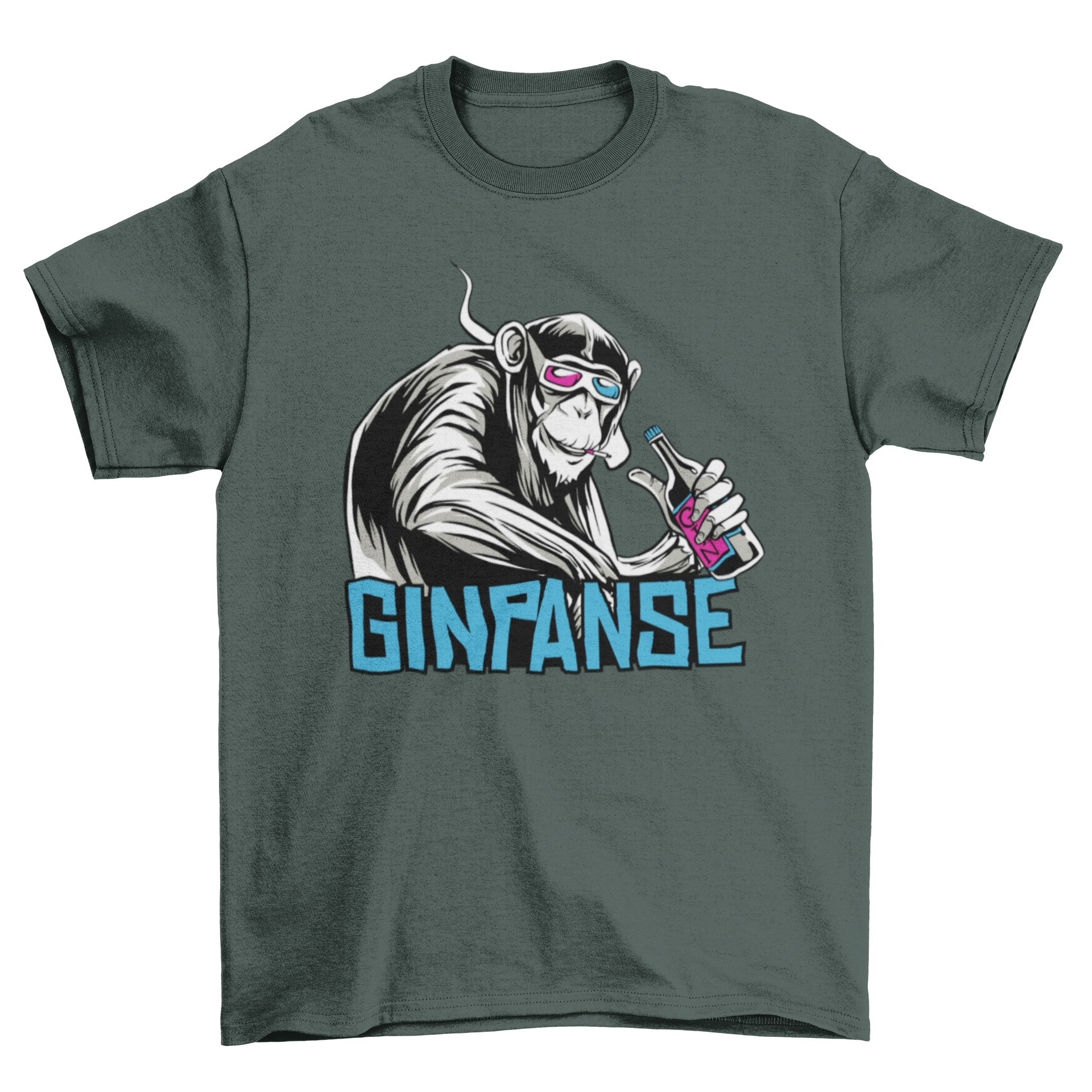 Funny t-shirt featuring a smirking chimpanzee smoking with the caption 'Ginpanse', showcasing a humorous design.