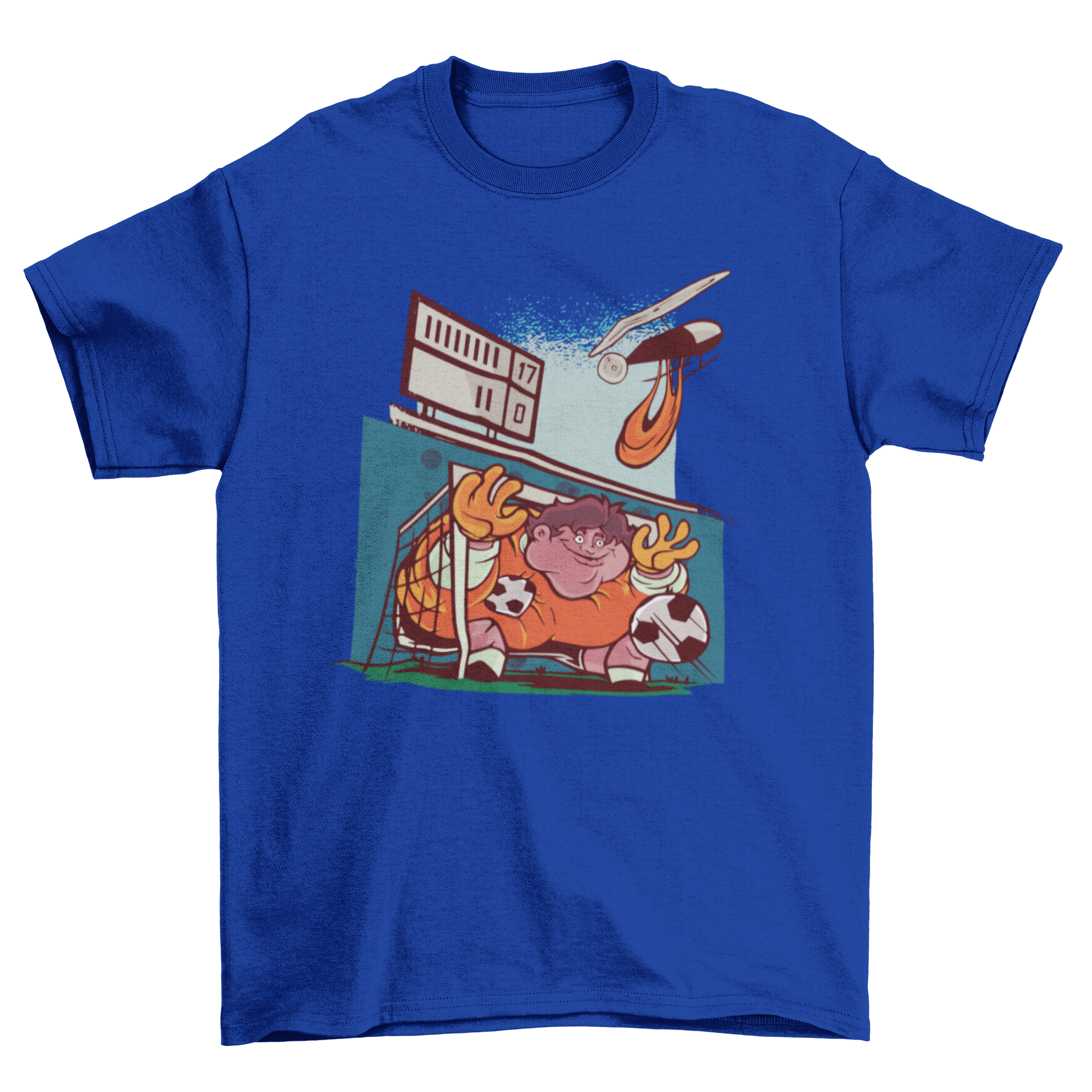 Funny Goalkeeper T-shirt featuring a chubby goalie in a small goal, showcasing a humorous soccer design.