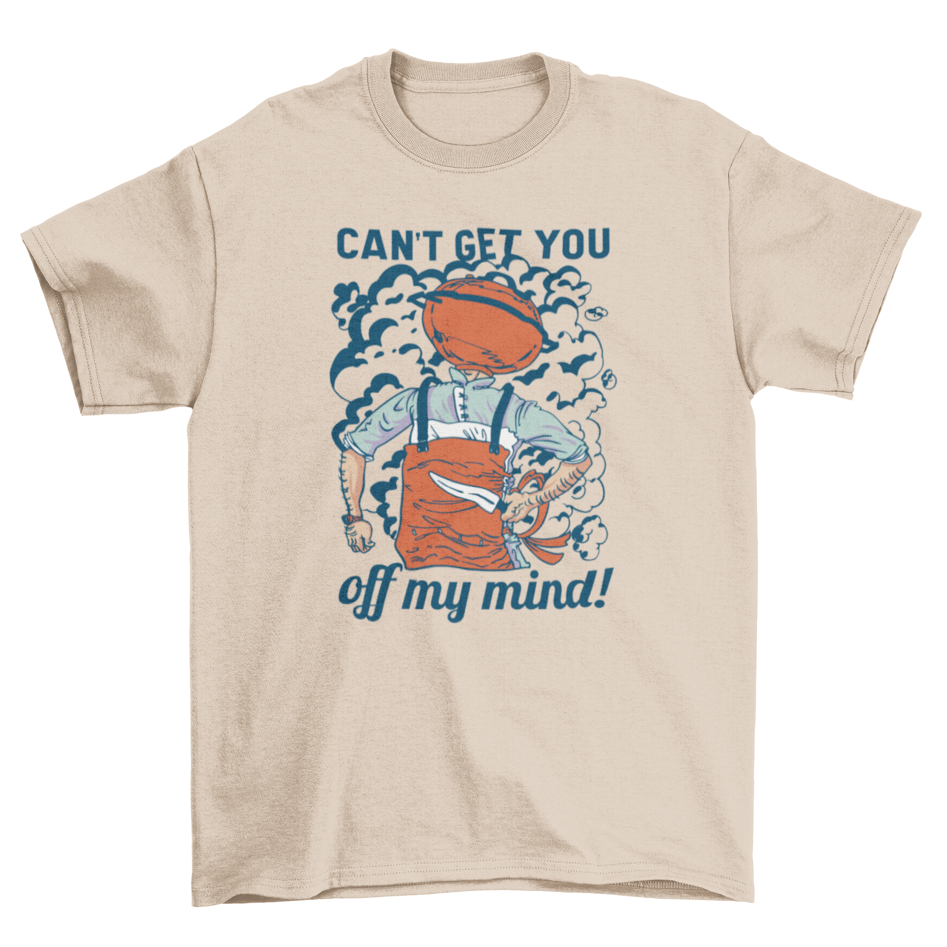 A humorous t-shirt featuring a man with a grill for a head and the quote 'Can't get you off my mind!'