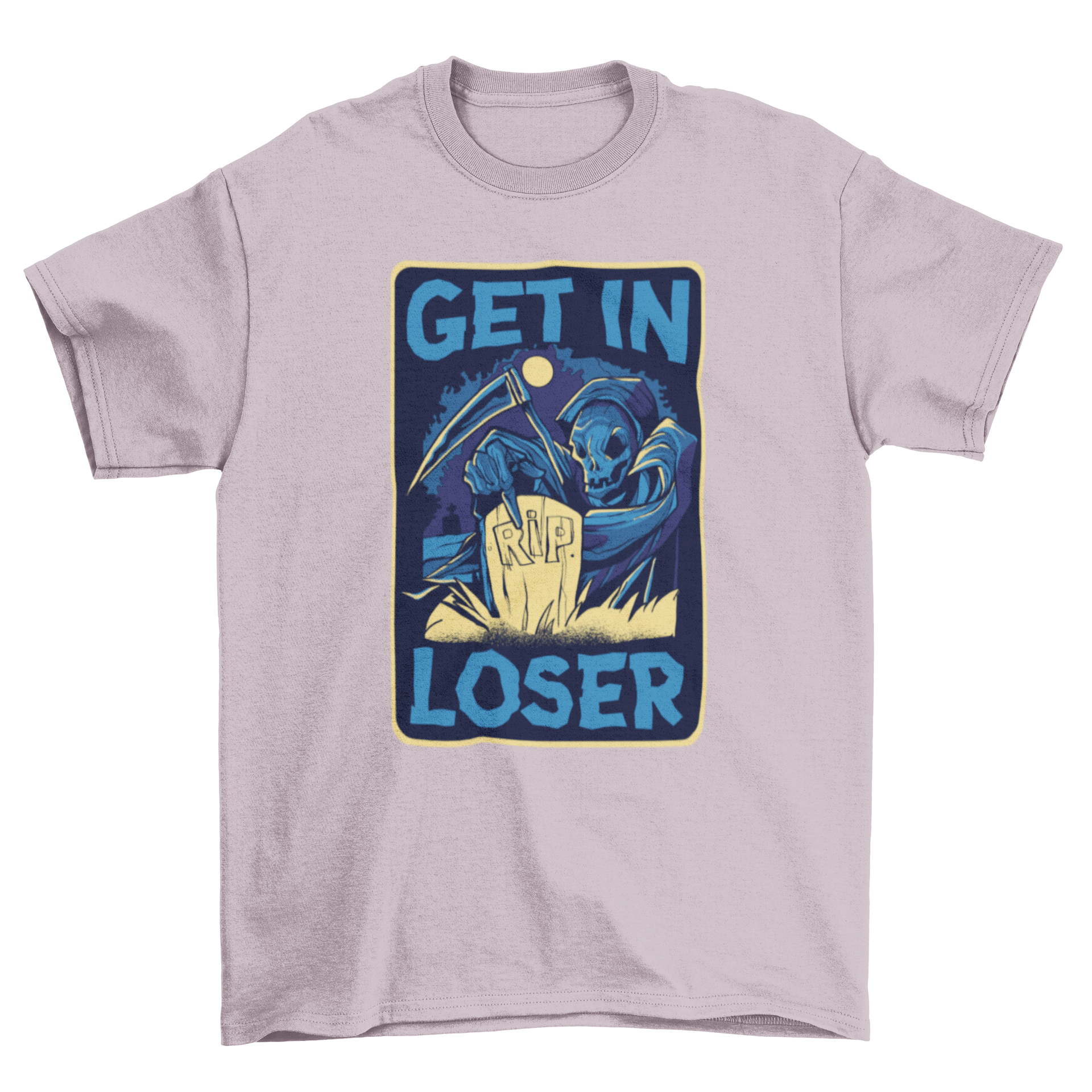 A humorous t-shirt featuring a Grim Reaper design with the text 'Get In Loser!' inviting a playful take on a spooky theme.