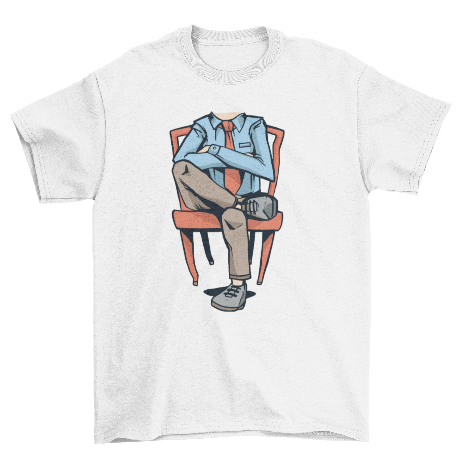 A humorous t-shirt featuring a headless man sitting on a chair, showcasing a unique and funny design.