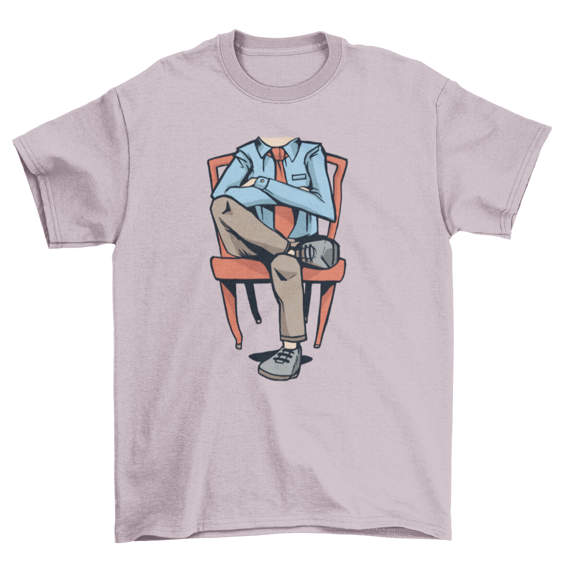 A humorous t-shirt featuring a headless man sitting on a chair, showcasing a unique and funny design.