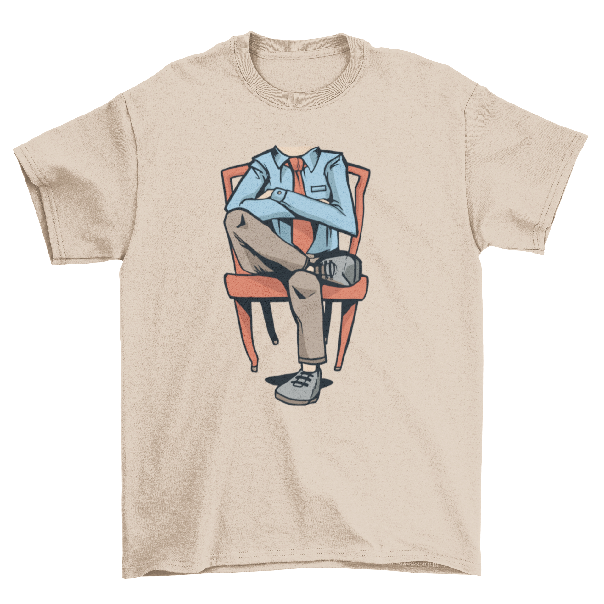 A humorous t-shirt featuring a headless man sitting on a chair, showcasing a unique and funny design.