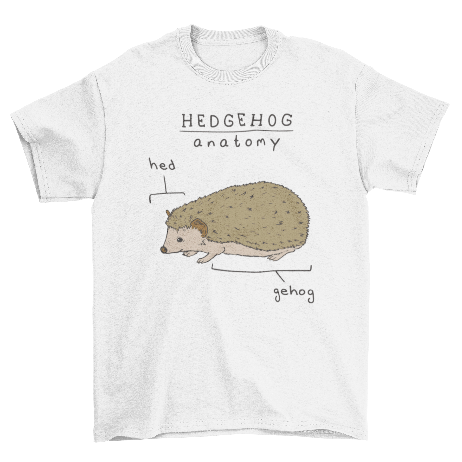 A humorous t-shirt featuring a hedgehog illustration with the quote 'Hedgehog anatomy, hed and gehog'.