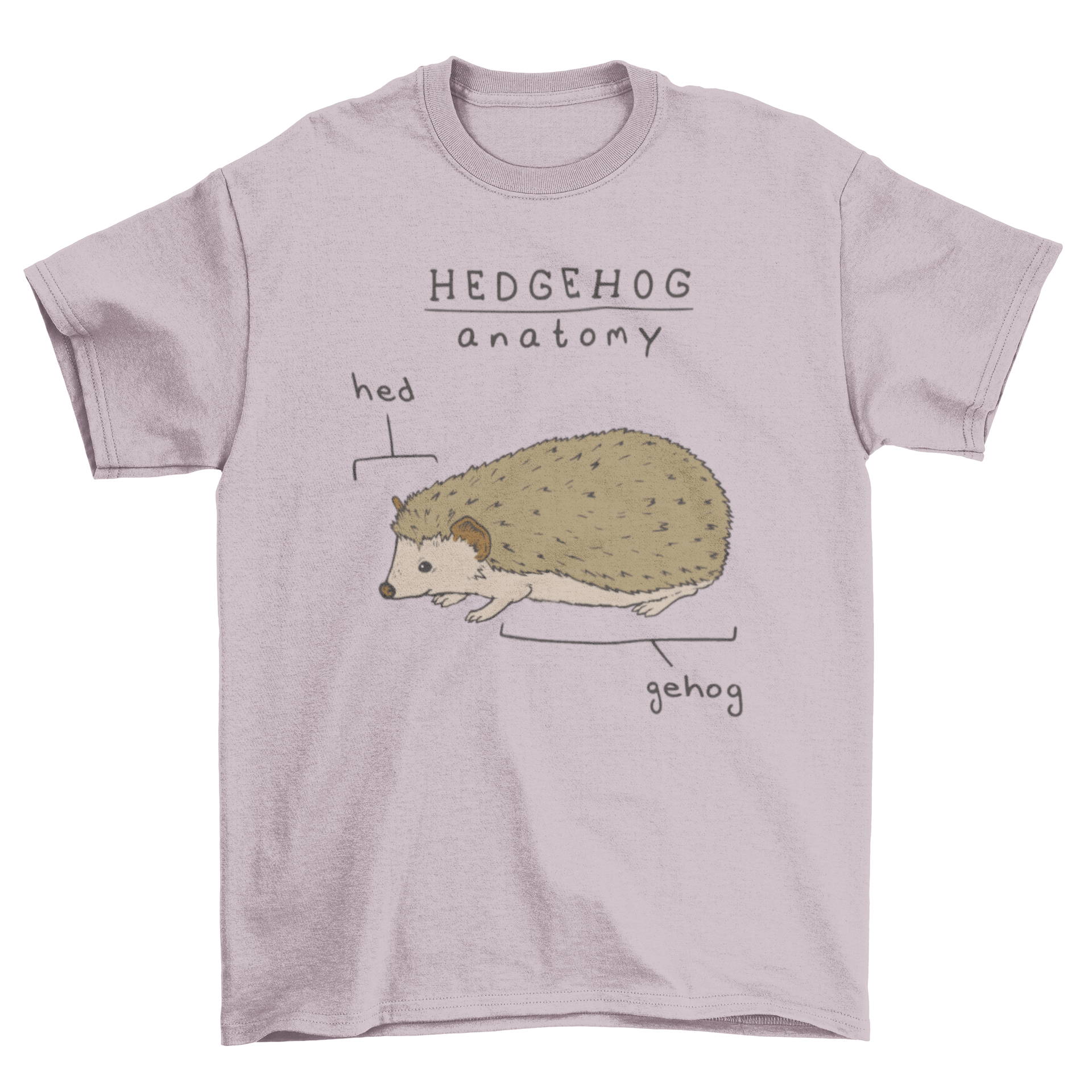 A humorous t-shirt featuring a hedgehog illustration with the quote 'Hedgehog anatomy, hed and gehog'.