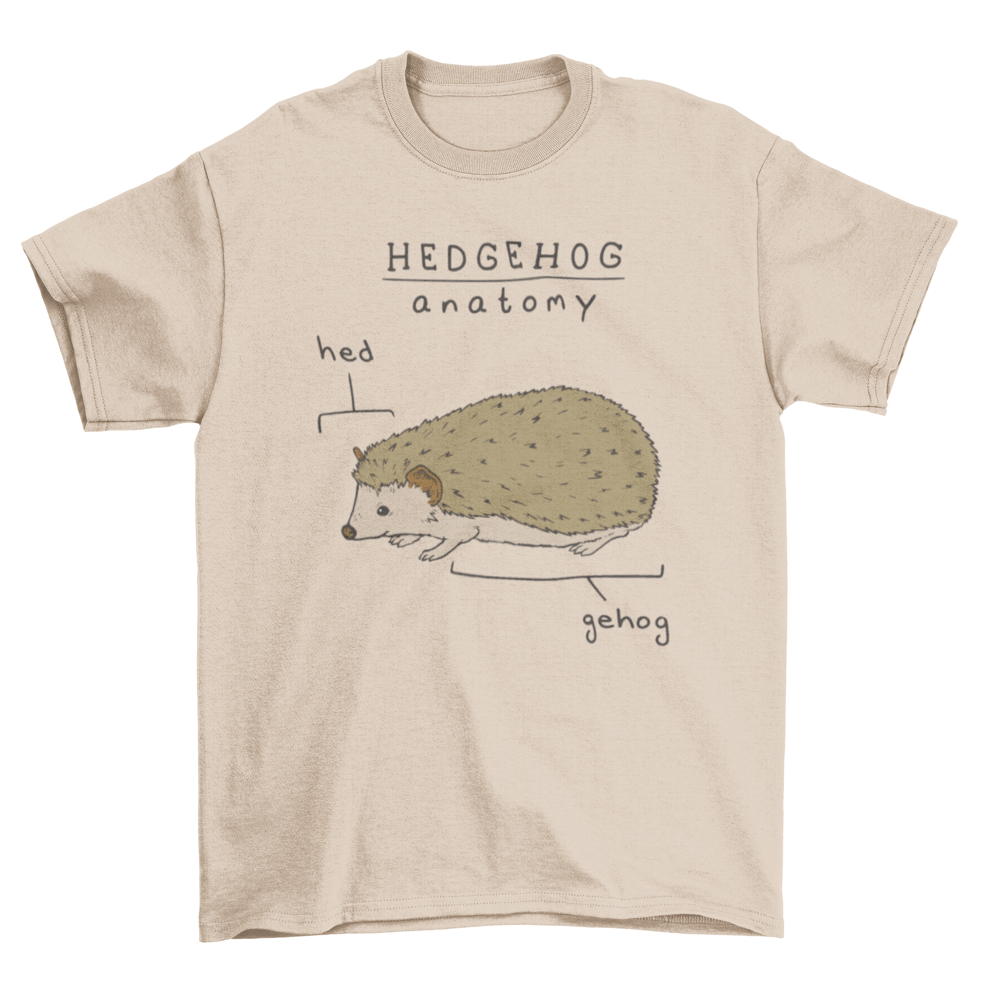 A humorous t-shirt featuring a hedgehog illustration with the quote 'Hedgehog anatomy, hed and gehog'.