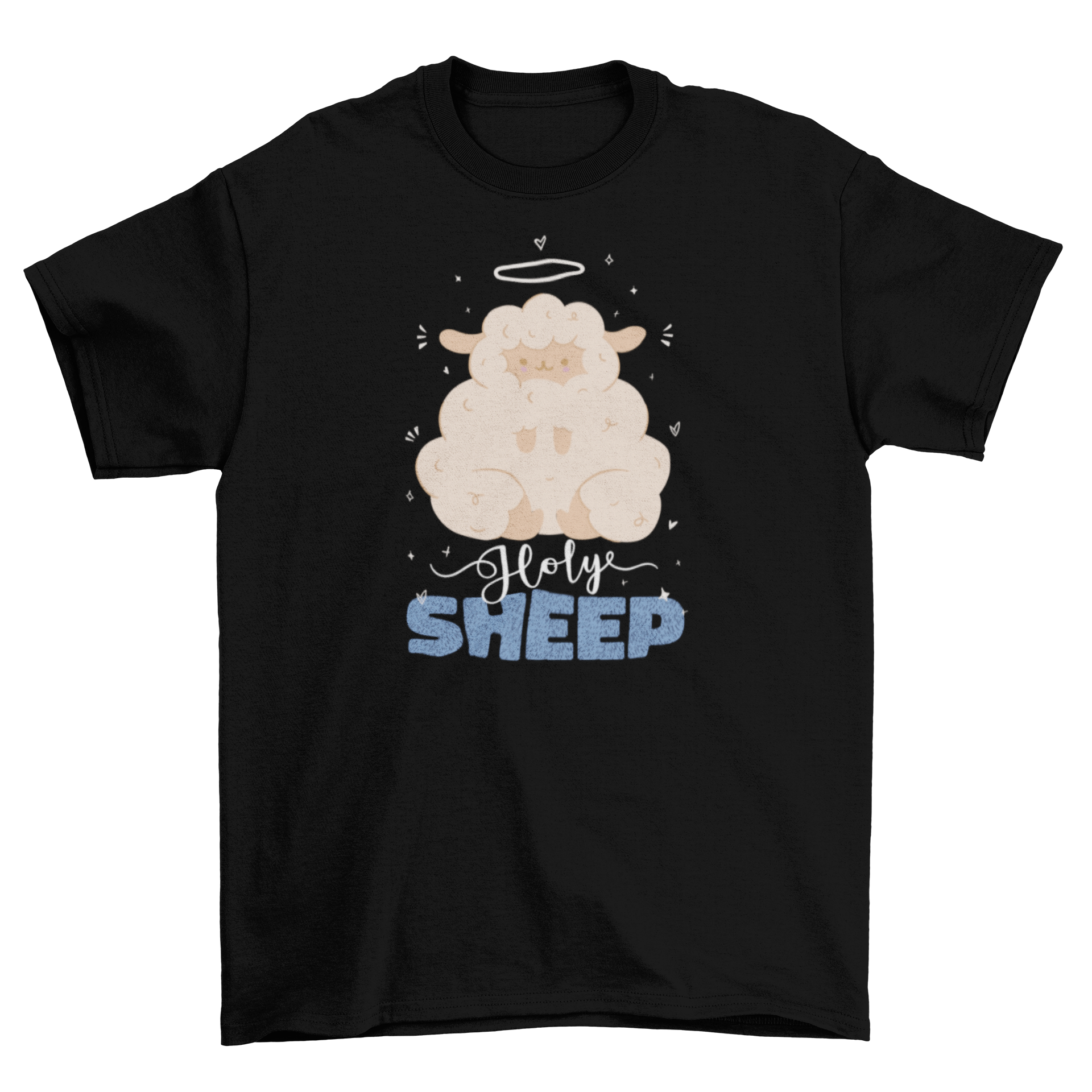 A humorous t-shirt featuring a fluffy sheep with a halo and the quote 'Holy Sheep', perfect for casual wear.