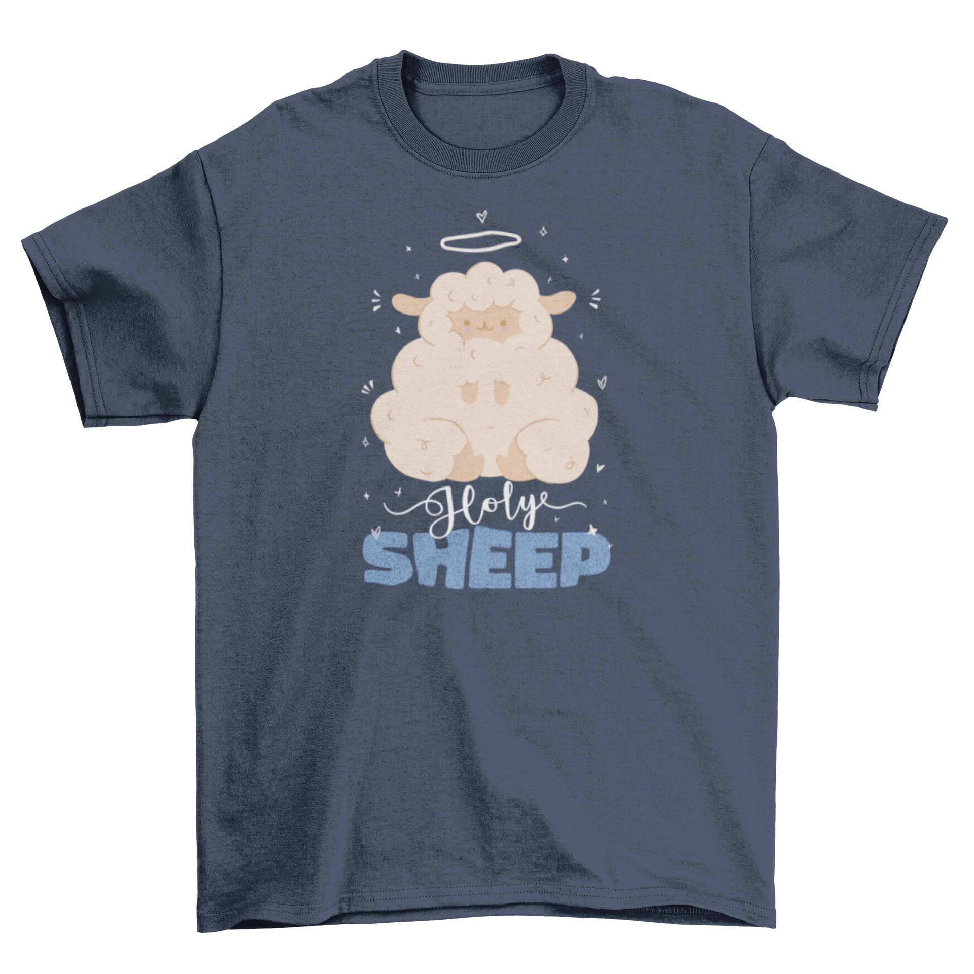 A humorous t-shirt featuring a fluffy sheep with a halo and the quote 'Holy Sheep', perfect for casual wear.