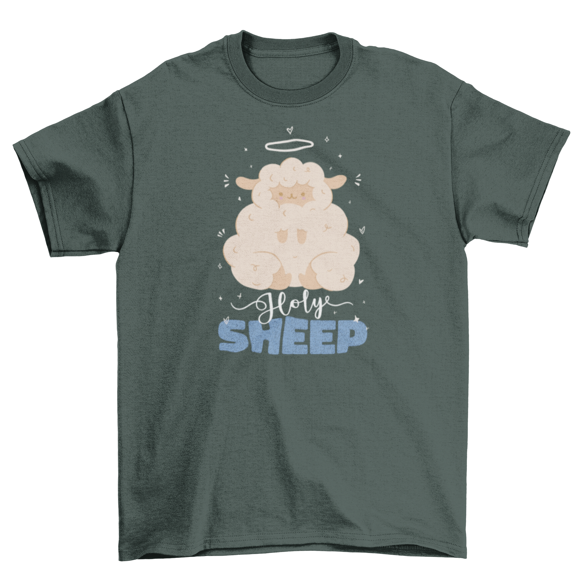 A humorous t-shirt featuring a fluffy sheep with a halo and the quote 'Holy Sheep', perfect for casual wear.