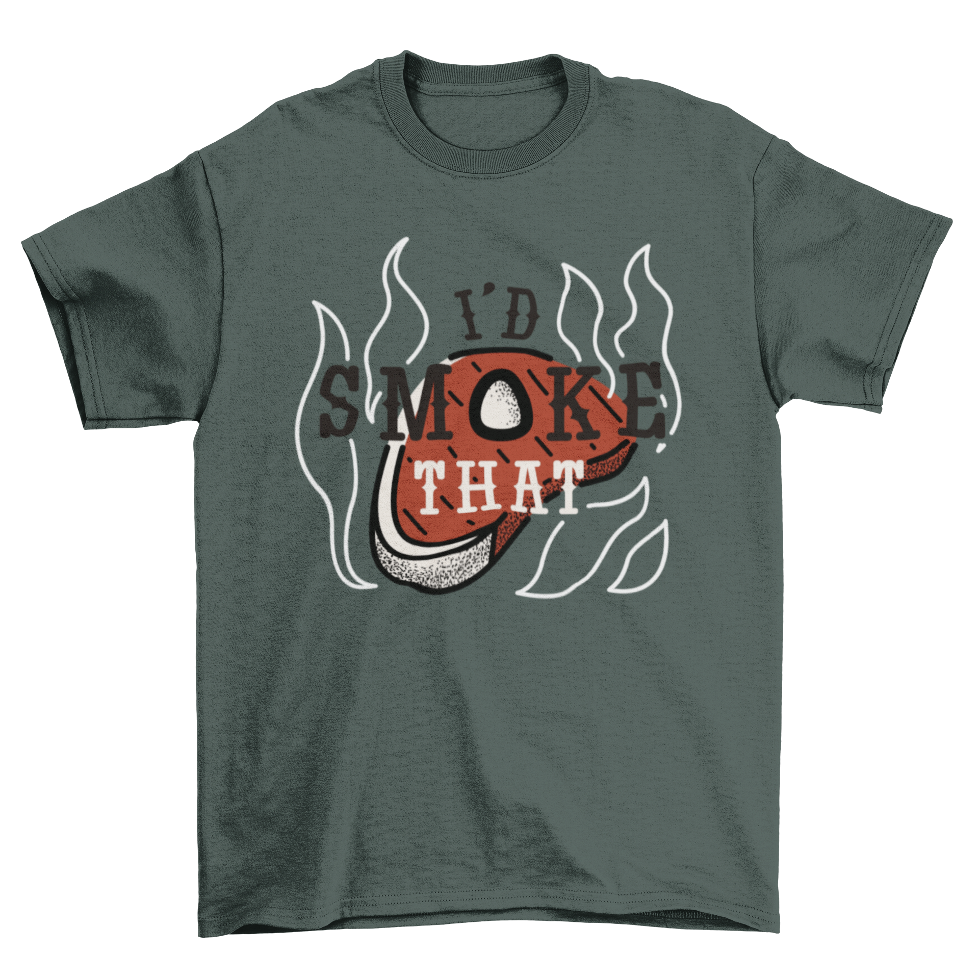 Funny hot steak meat t-shirt featuring a steak graphic and the quote 'I'd smoke that'.