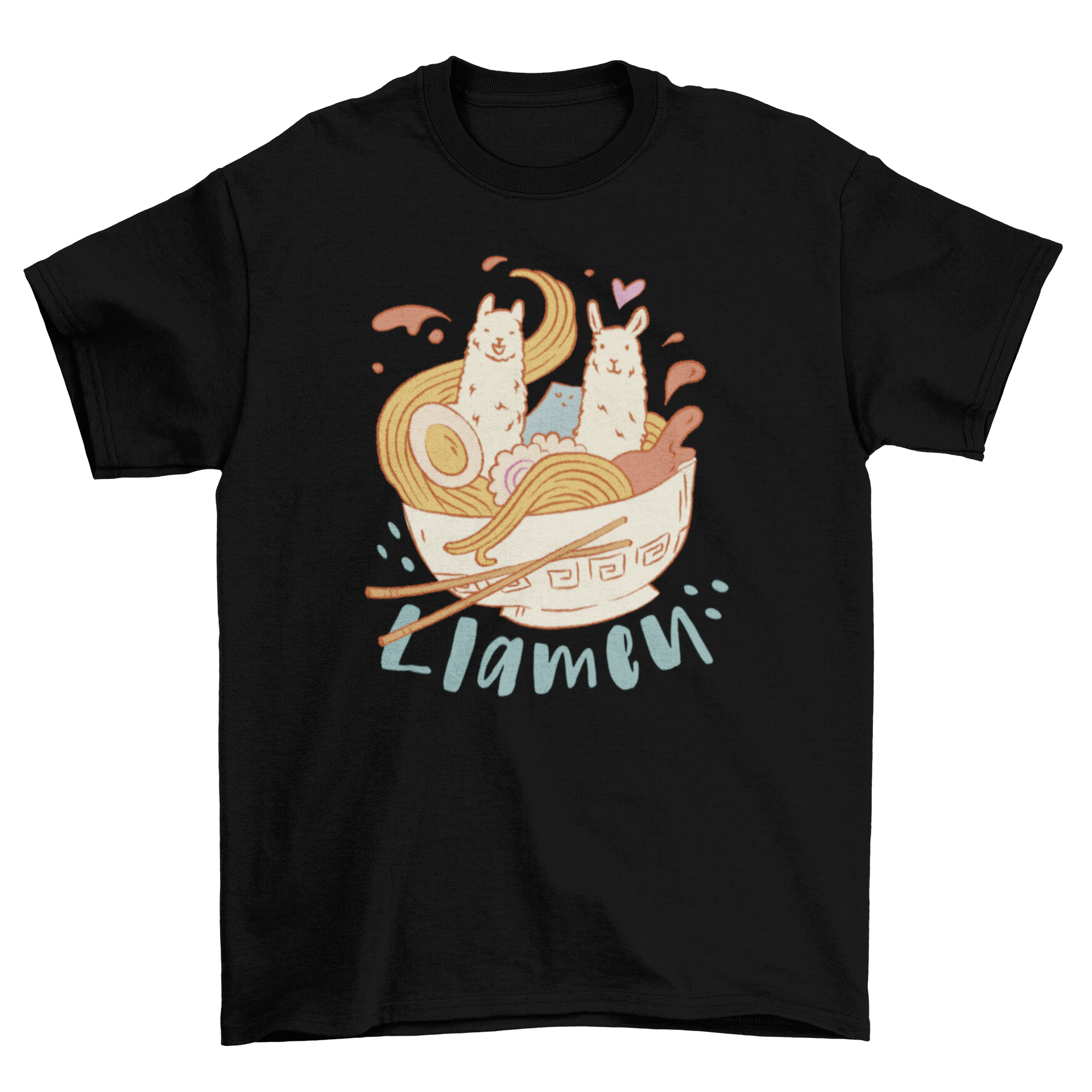 A humorous t-shirt design featuring a bowl of ramen with cute llamas inside and the pun 'Llamen'.