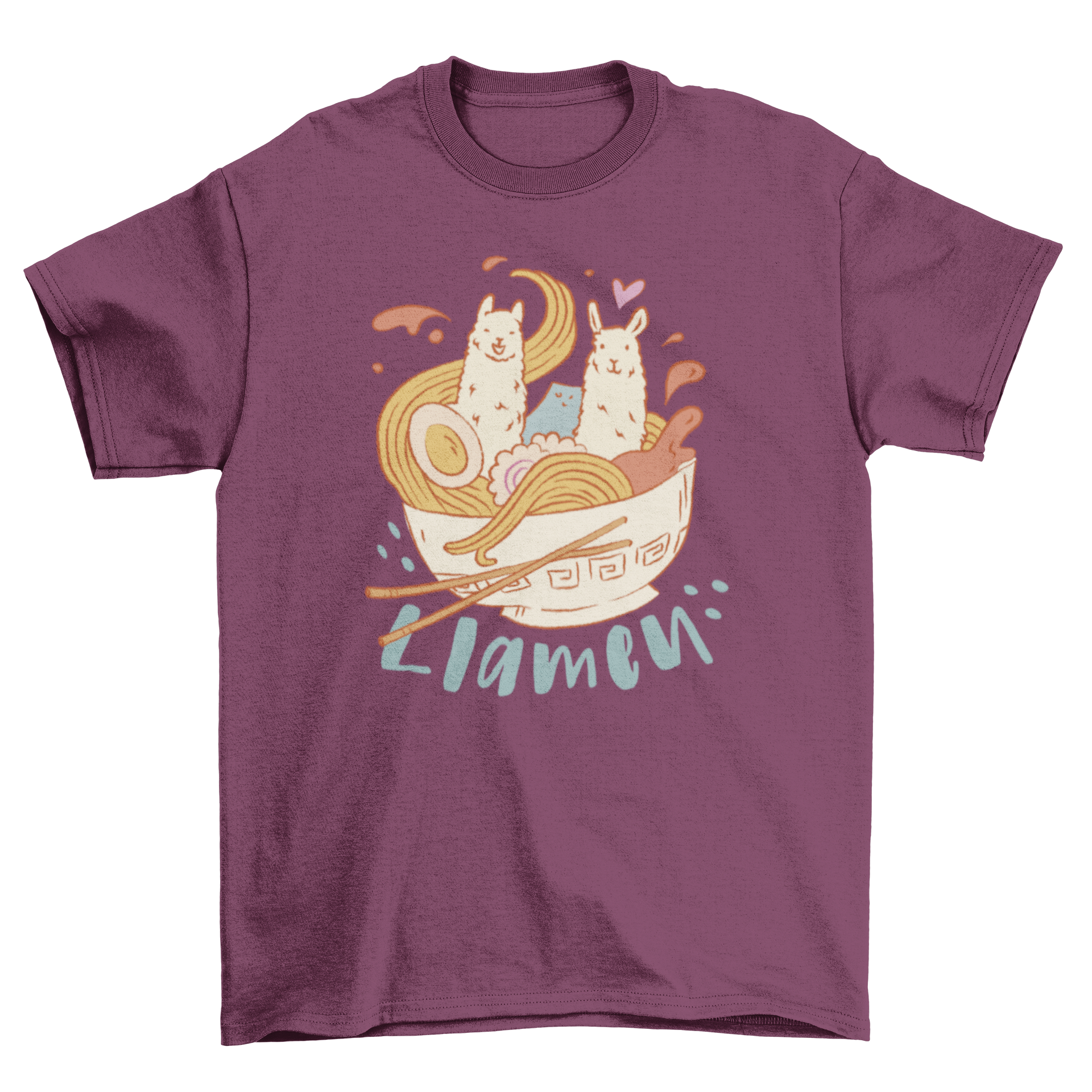 A humorous t-shirt design featuring a bowl of ramen with cute llamas inside and the pun 'Llamen'.