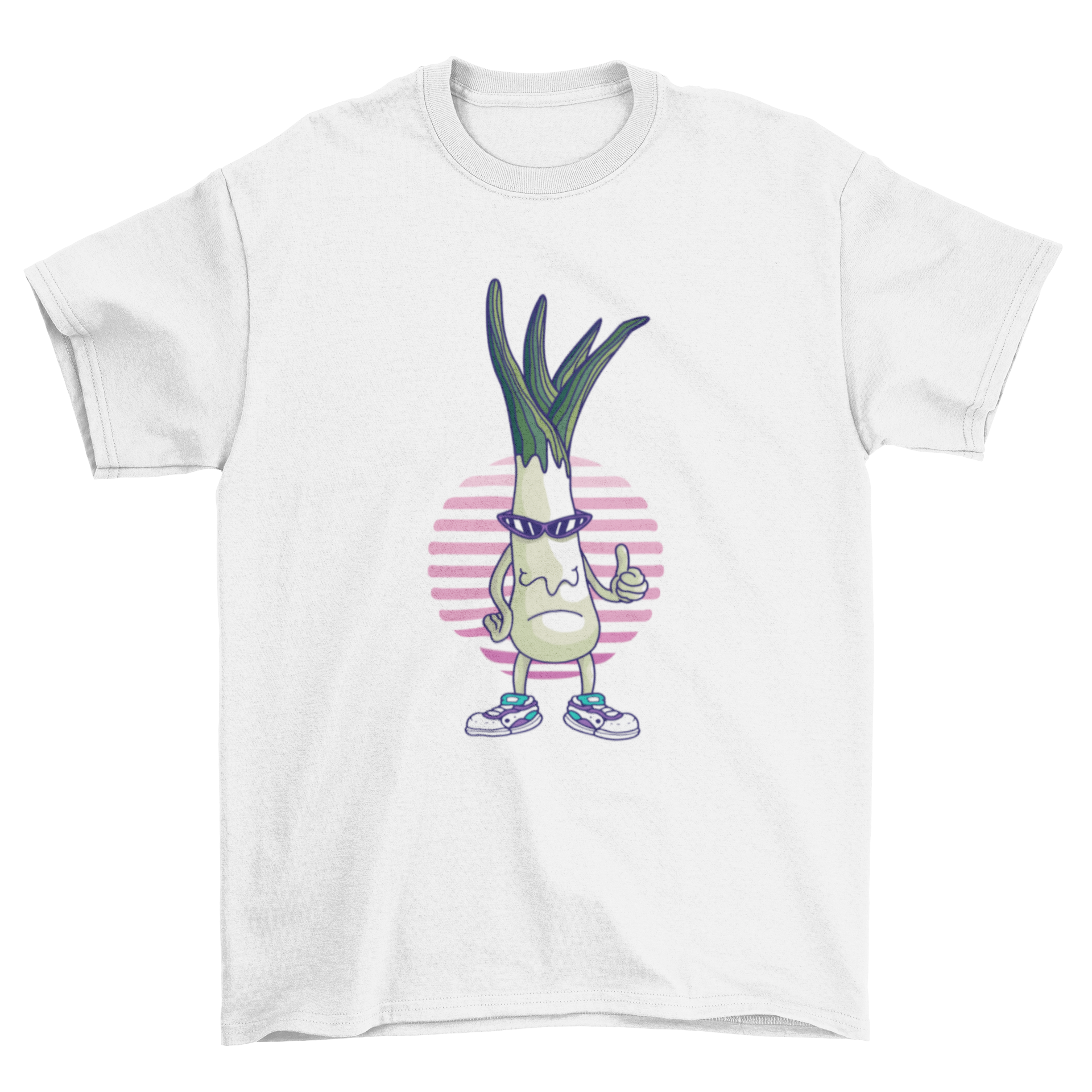 A funny cartoon t-shirt featuring a leek wearing sunglasses and sneakers, giving a thumbs up gesture.