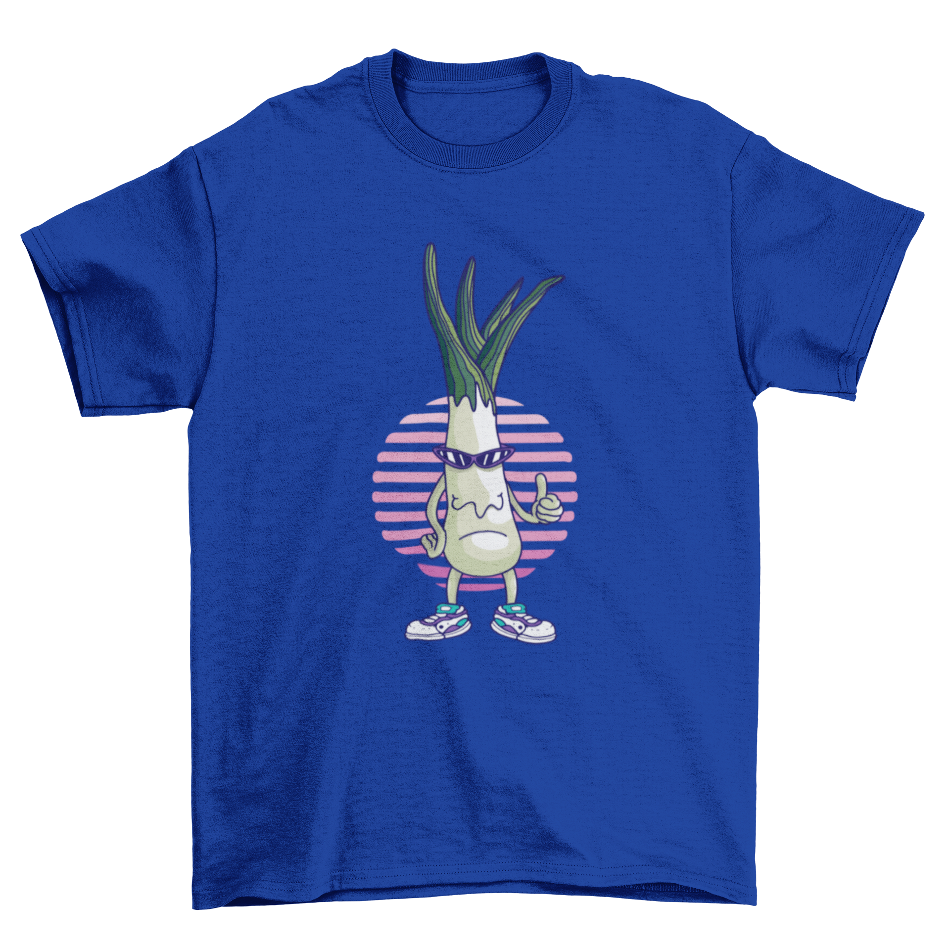 A funny cartoon t-shirt featuring a leek wearing sunglasses and sneakers, giving a thumbs up gesture.