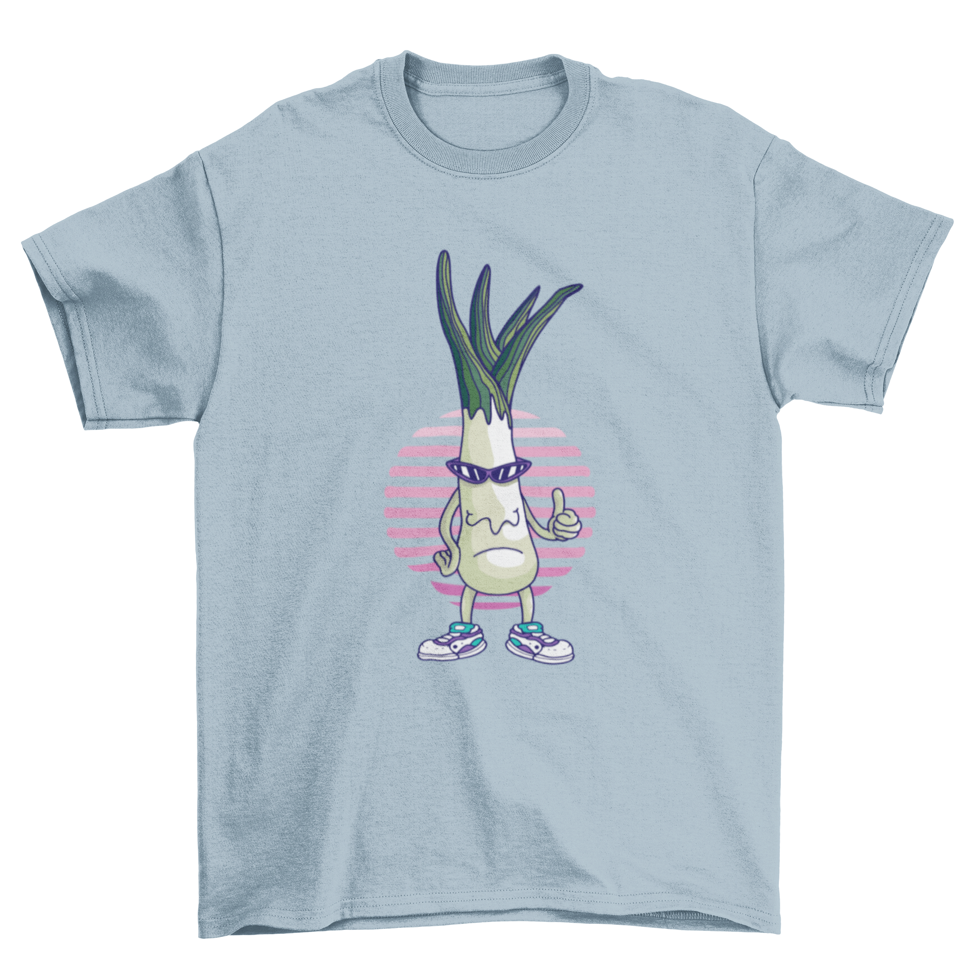 A funny cartoon t-shirt featuring a leek wearing sunglasses and sneakers, giving a thumbs up gesture.