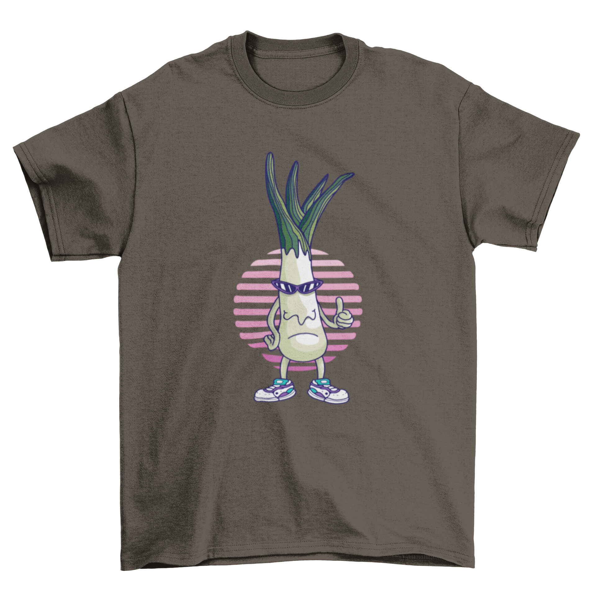 A funny cartoon t-shirt featuring a leek wearing sunglasses and sneakers, giving a thumbs up gesture.