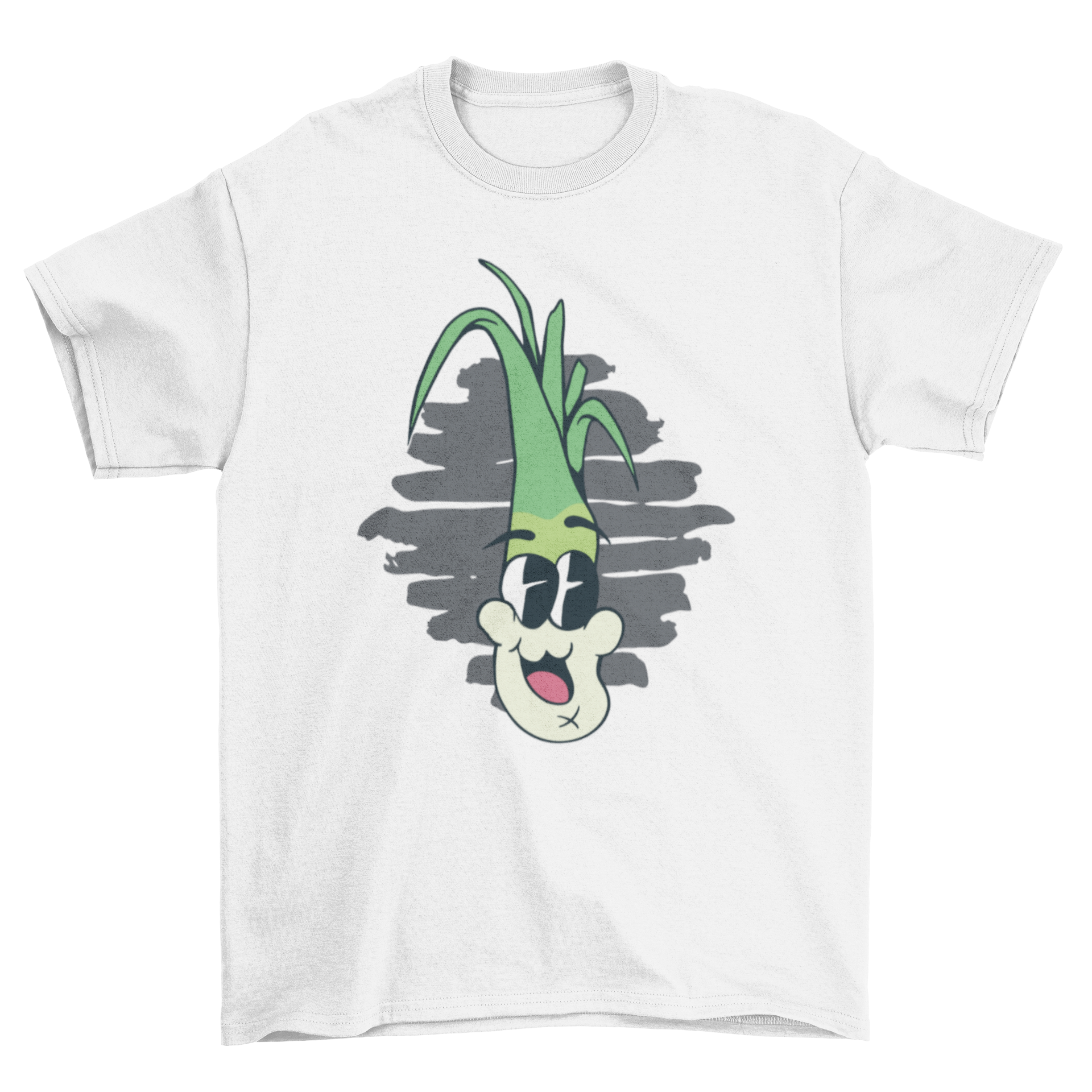 A humorous t-shirt featuring a cartoon leek laughing, perfect for vegetable enthusiasts.