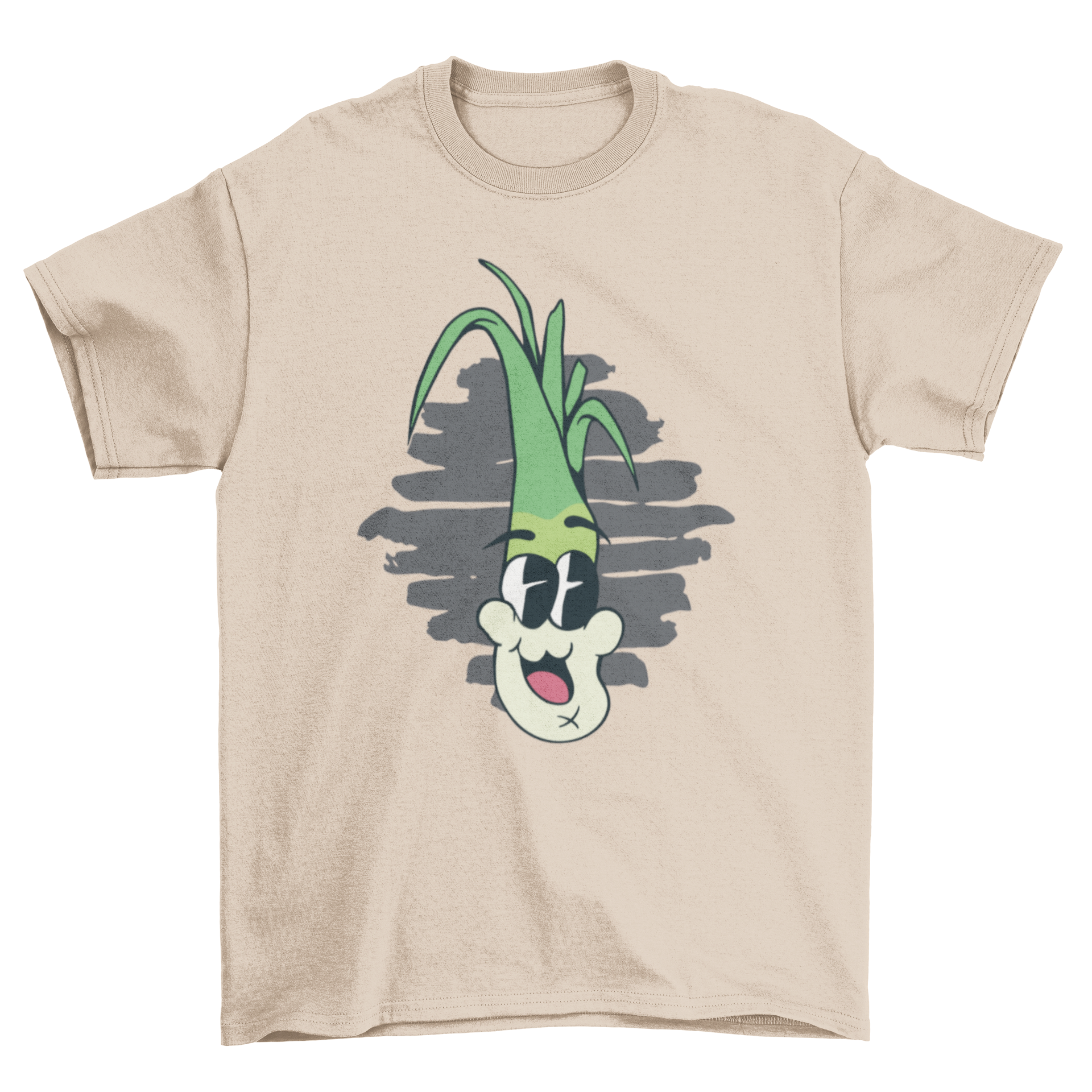 A humorous t-shirt featuring a cartoon leek laughing, perfect for vegetable enthusiasts.