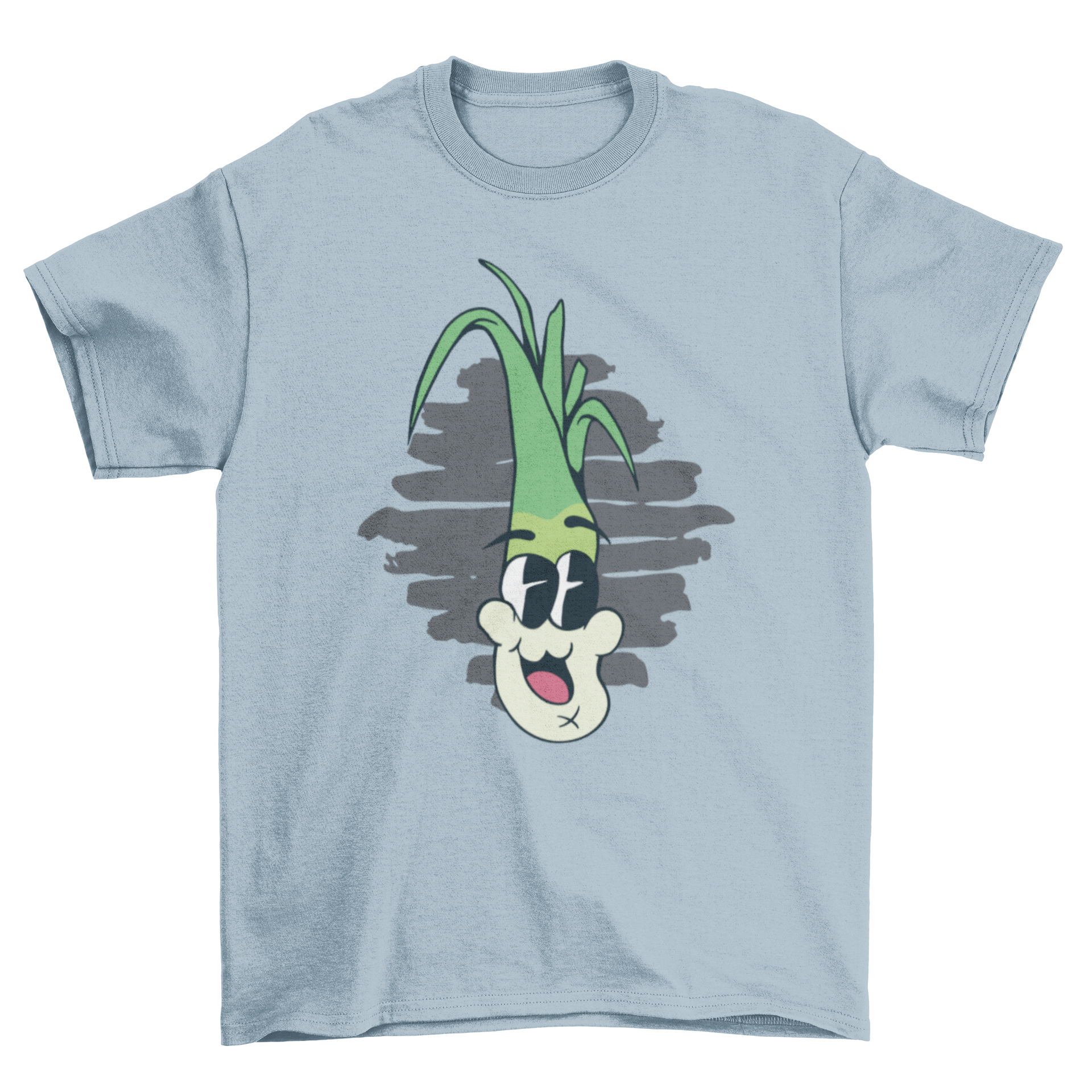 A humorous t-shirt featuring a cartoon leek laughing, perfect for vegetable enthusiasts.