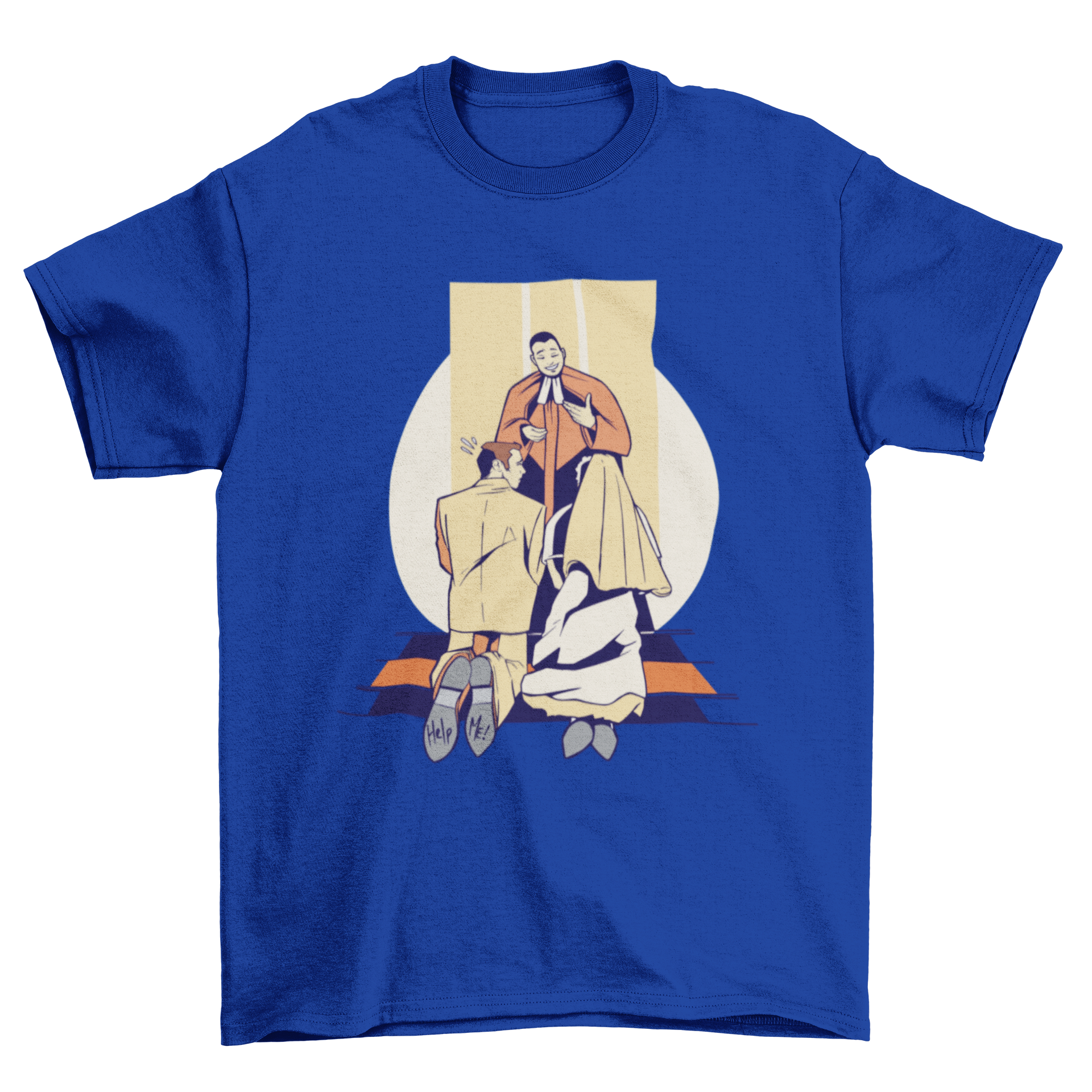 Funny married couple t-shirt design featuring a comic-style illustration of a groom's shoes saying 'Help me'.