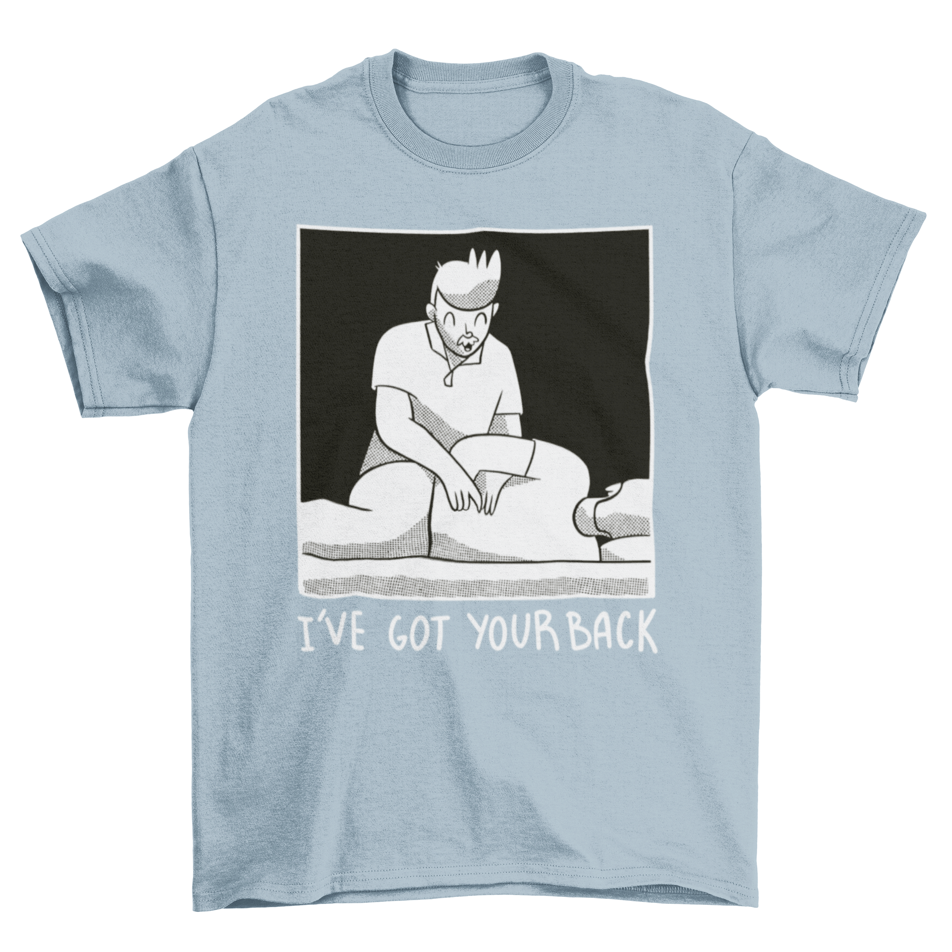 Funny massage therapist t-shirt featuring a therapist treating a man with the quote 'I've got your back'.