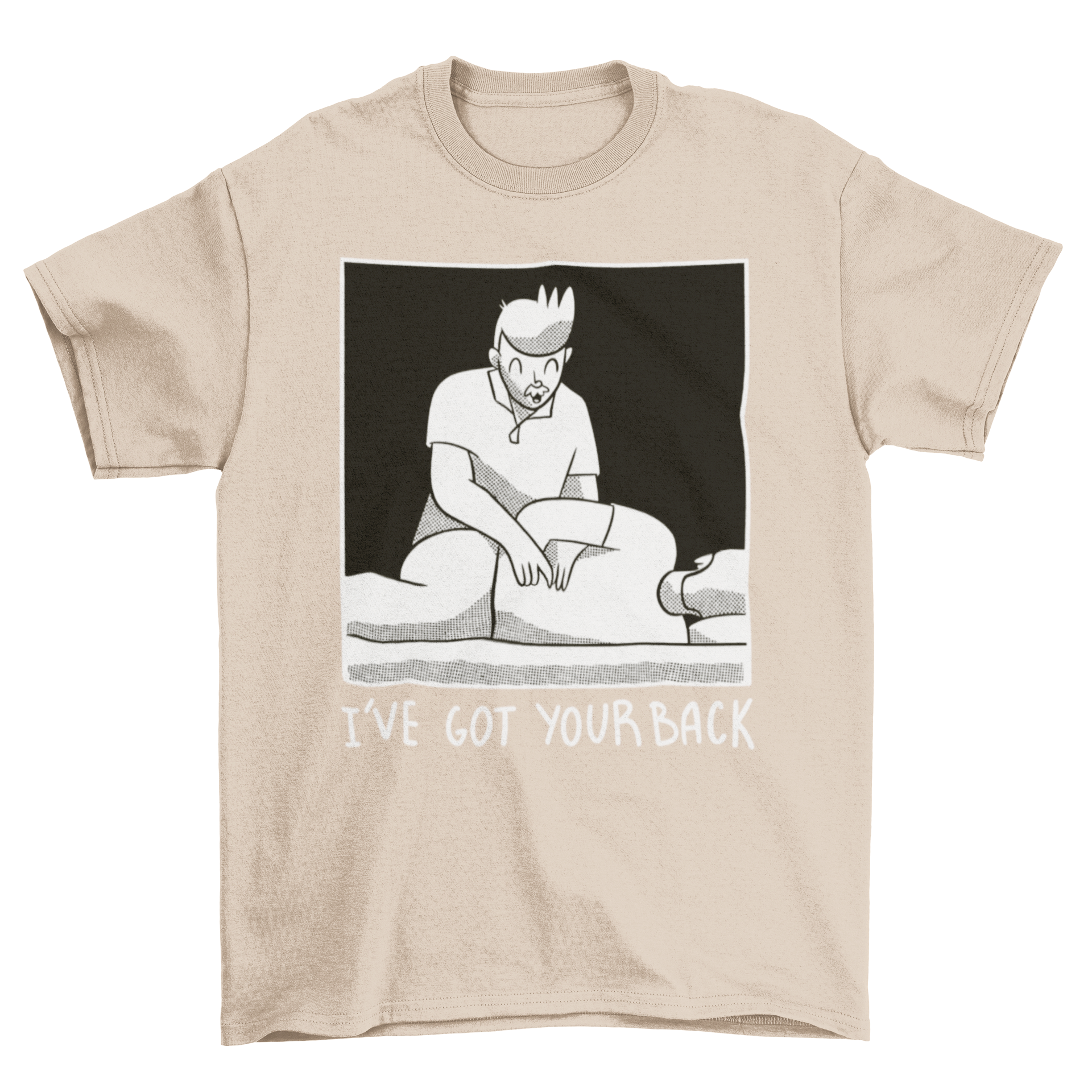 Funny massage therapist t-shirt featuring a therapist treating a man with the quote 'I've got your back'.