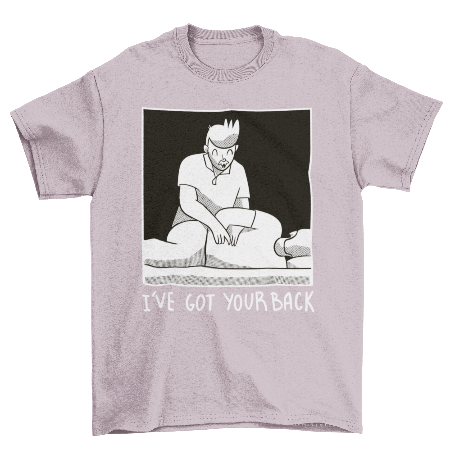 Funny massage therapist t-shirt featuring a therapist treating a man with the quote 'I've got your back'.