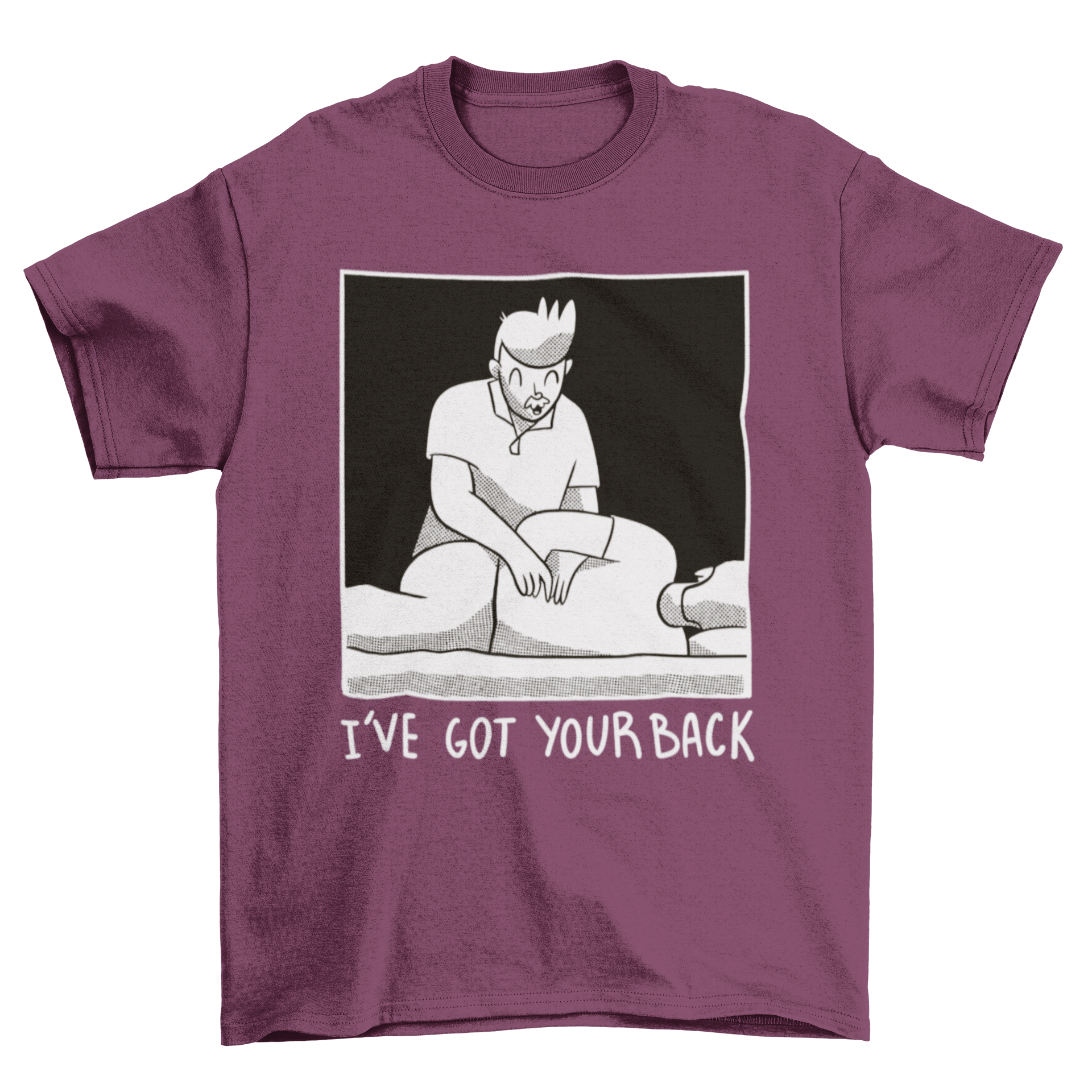 Funny massage therapist t-shirt featuring a therapist treating a man with the quote 'I've got your back'.