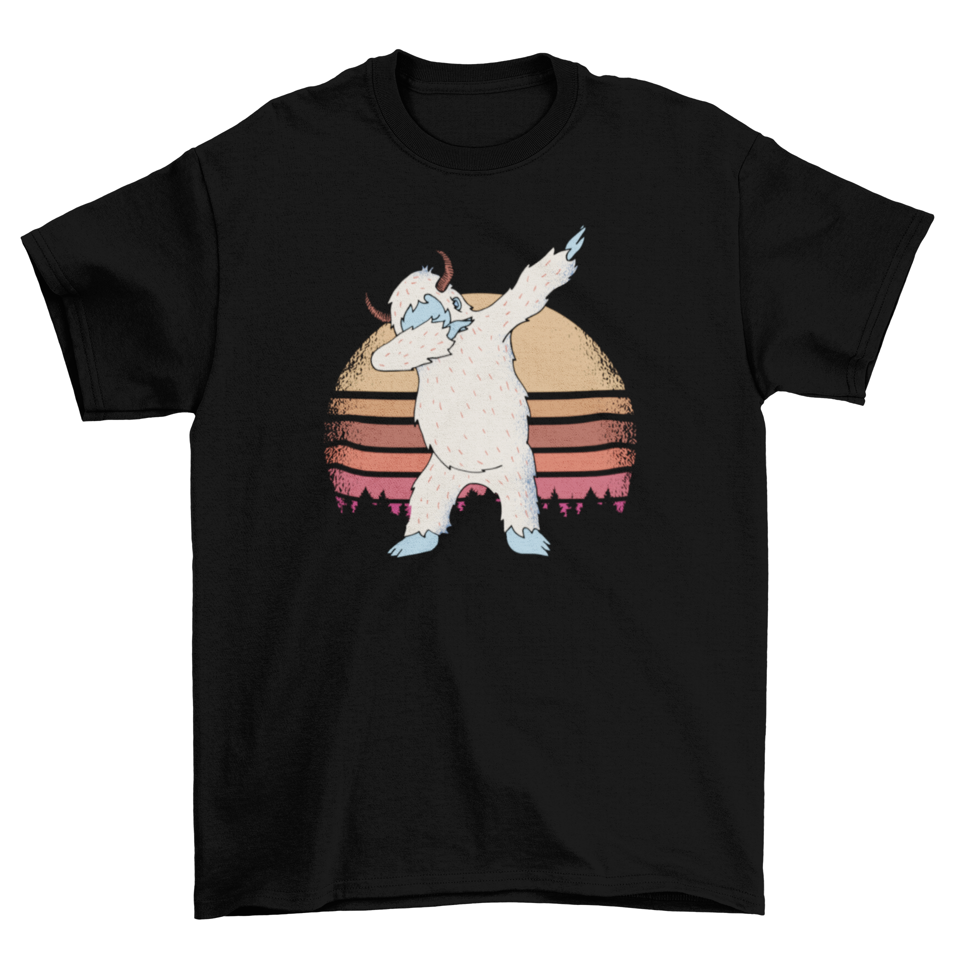 Funny Meme Dabbing Yeti T-shirt design featuring a yeti dabbing in front of a vintage sunset in a forest setting.