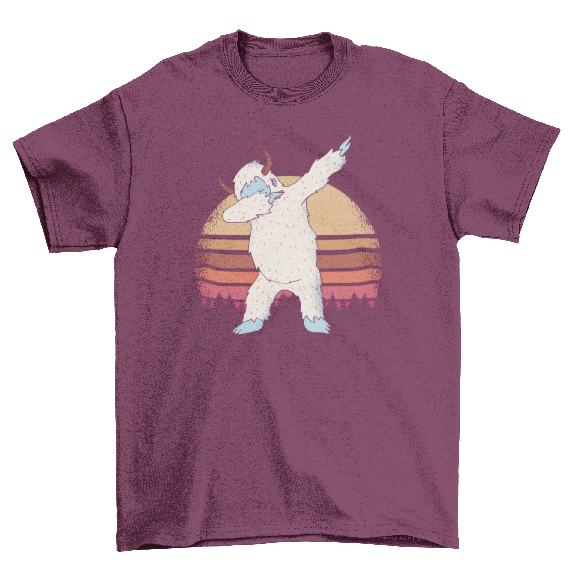 Funny Meme Dabbing Yeti T-shirt design featuring a yeti dabbing in front of a vintage sunset in a forest setting.