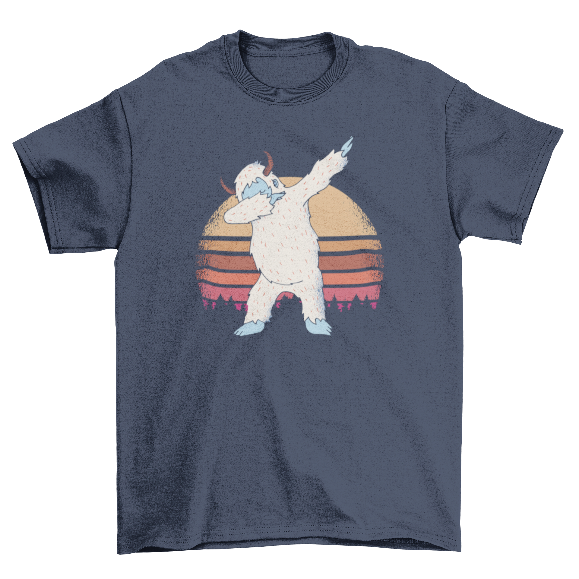 Funny Meme Dabbing Yeti T-shirt design featuring a yeti dabbing in front of a vintage sunset in a forest setting.