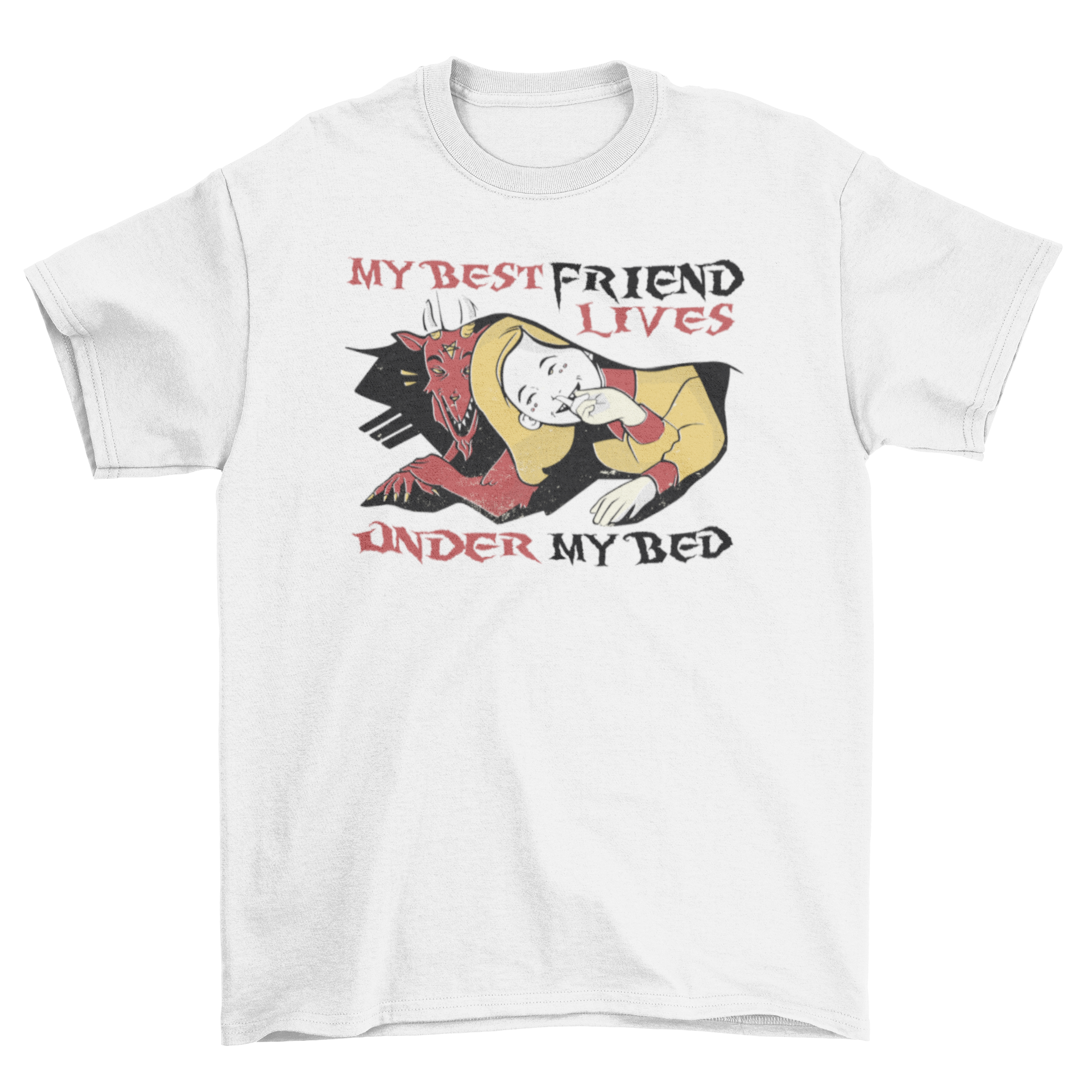 Funny Monster Quote T-shirt featuring a girl and a friendly monster under the bed with a humorous quote.